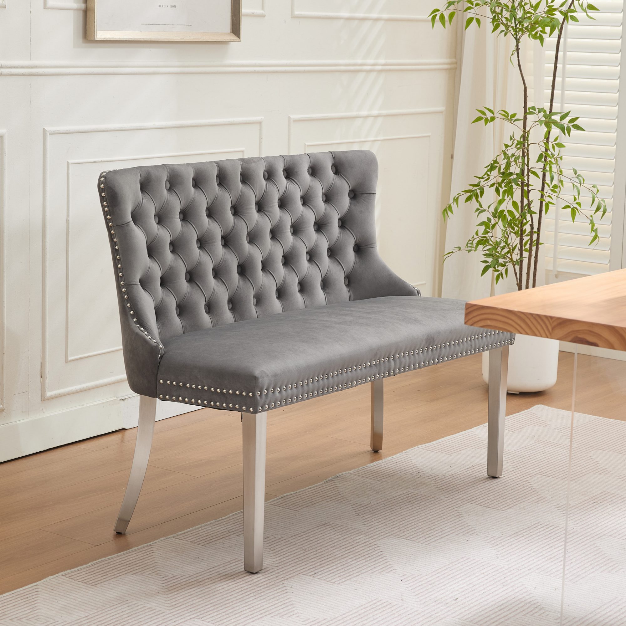 thumbnail video image 2 of HUTWIFE Velvet Upholstered Dining Bench with Tufted Back and Nailhead Trim, suitable for Dining Room, Kitchen, Gray/Silver, 2 of 8