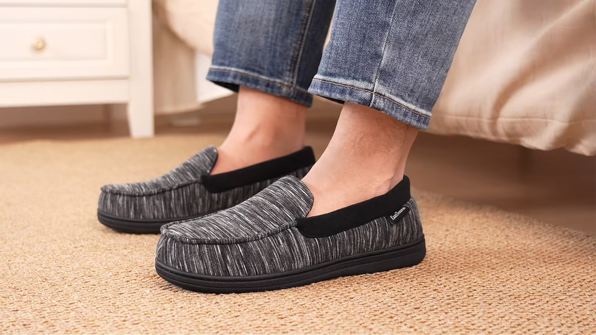 thumbnail video image 2 of EverFoams Men's Comfort Memory Foam Moccasin Slippers Breathable Terry Cloth House Shoes with Anti-Skid Rubber Sole, 2 of 9