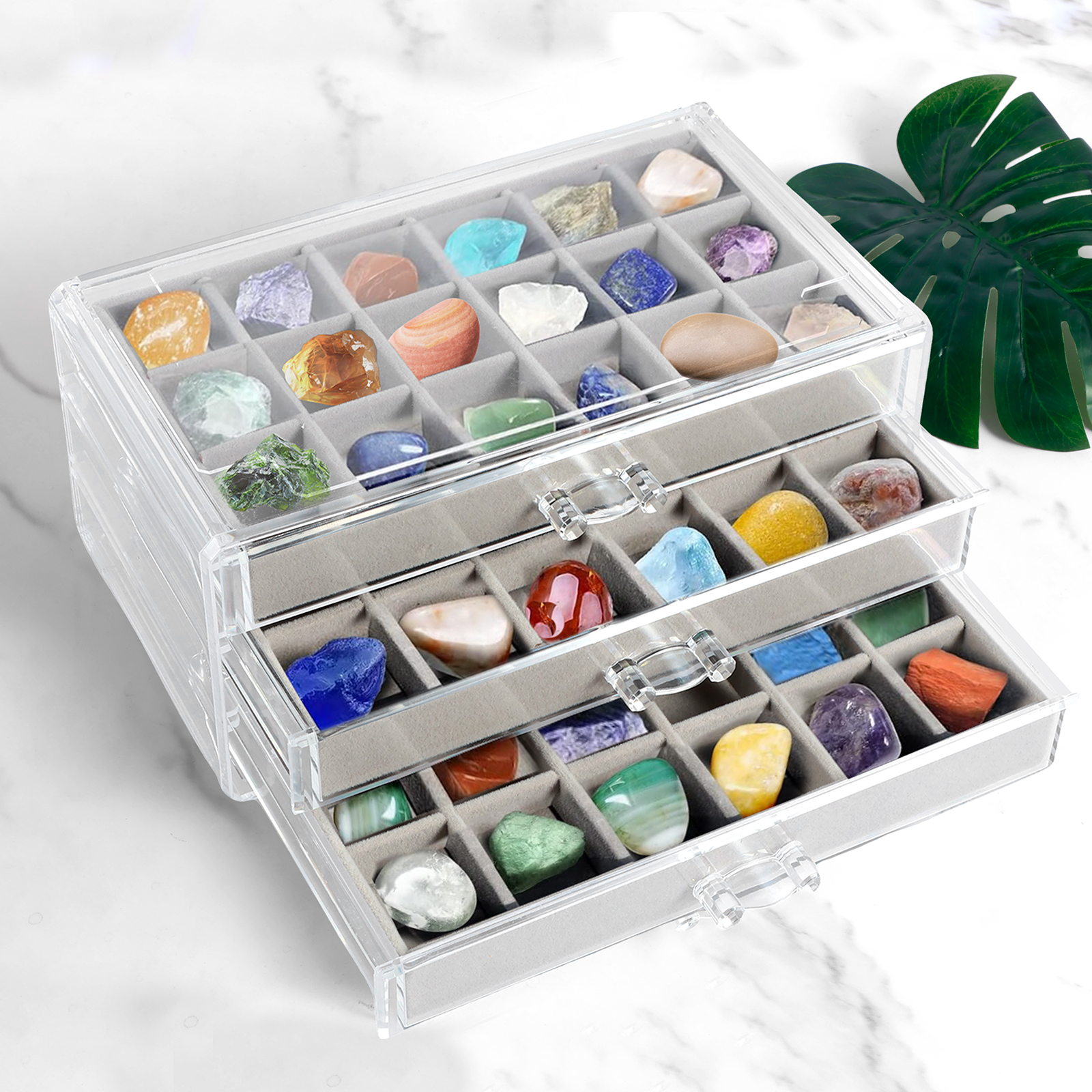 Vitrine à Minéraux Alongen – 4 Tiroirs, 72 Compartiments – Gris – 24 X 3,5 X 56,8 Cm