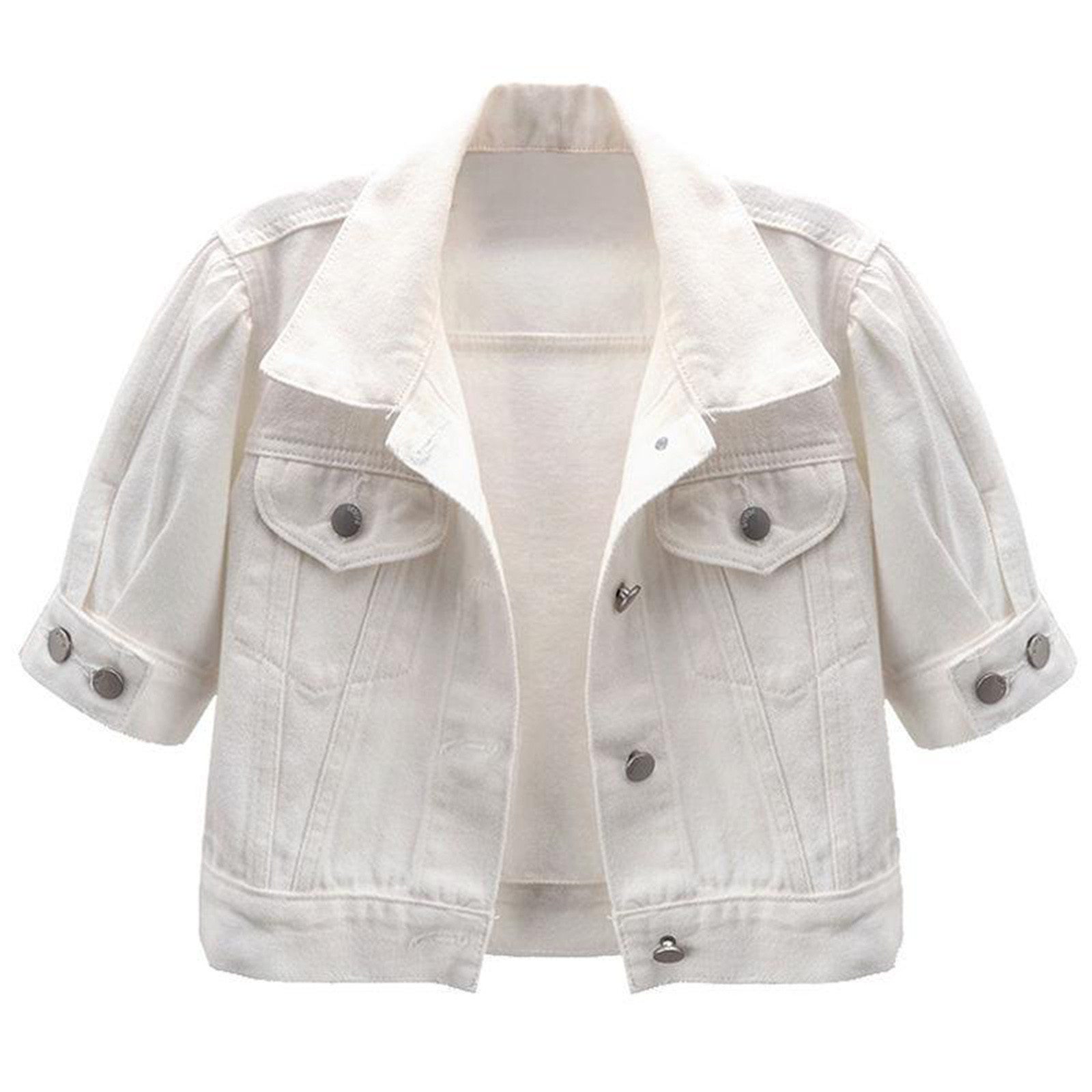 thumbnail video image 2 of DeHolifer Women Crop Jacket Coat Short Sleeve Button Down Shawl Stretch Denim Jean Jacket Winter Warm Coat White S, 2 of 9