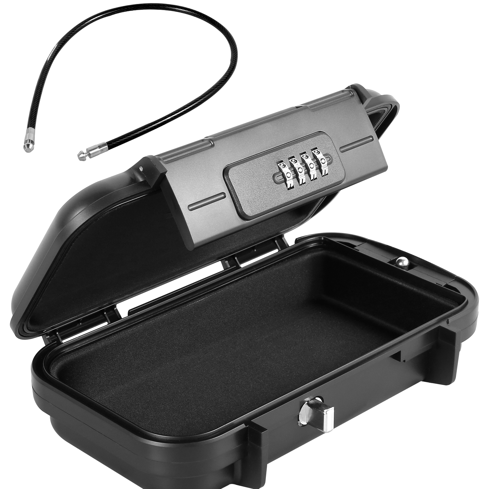 thumbnail video image 2 of FUYGRCJ Portable Safe Box 4 Digit Combination Security Case LockBox with Removable Wire Rope IPX7 Waterproof Travel Safe Box Anti Theft Beach Safe Box for Home Office Car Dorm Hotel, 2 of 11