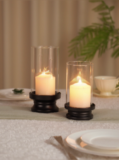 thumbnail video image 2 of Sziqiqi Black Hurricane Candle Holder: Set of 2 Candle Holders for Pillar Candles with Clear Glass Sleeve Decorative Metal Pillars Stands for Wedding Party Christmas Holiday Dining Table Centerpiece, 2 of 7