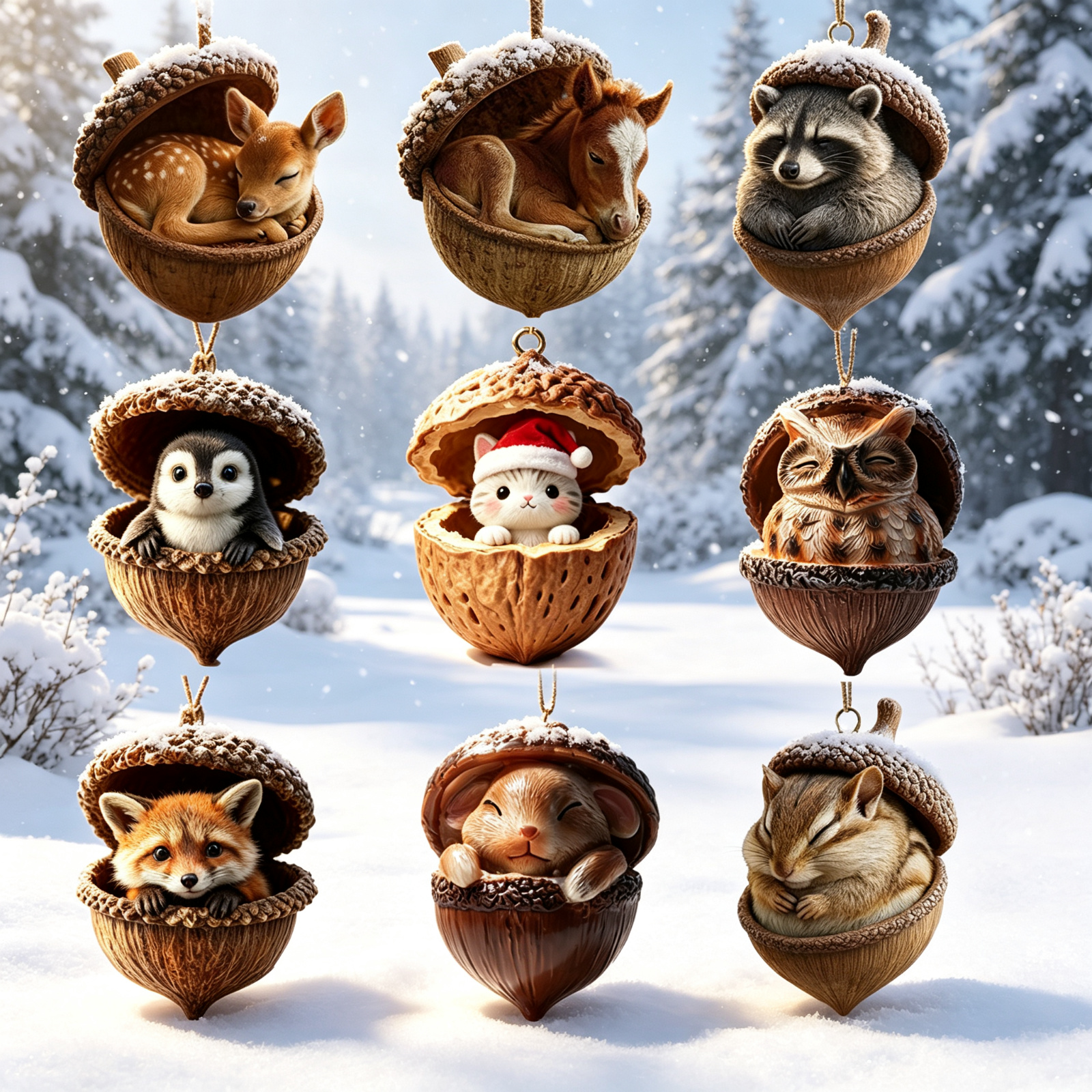 Simplified Shell Image 3D Forest Animal Acorn Ornaments, Woodland Christmas Decor - Realistic ...