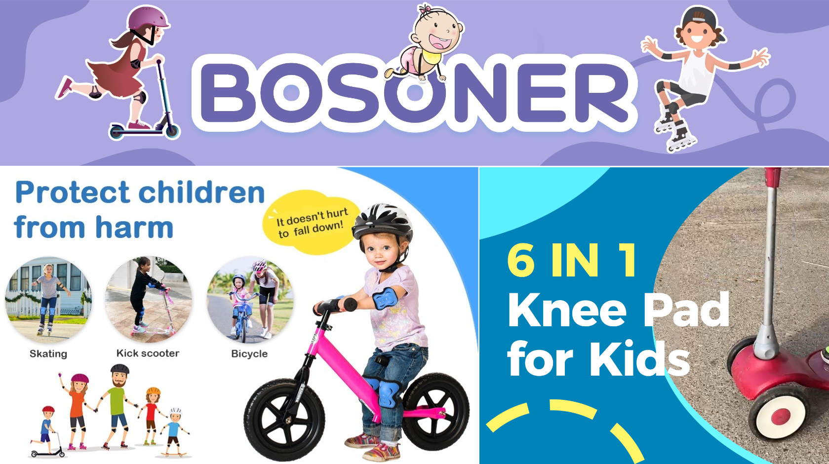 thumbnail video image 2 of BOSONER Kids/Youth Knee Pad Elbow Pads Guards Protective Gear Set for Roller Skates Cycling BMX Bike Skateboard Inline Skatings Scooter Riding Sports, 2 of 8