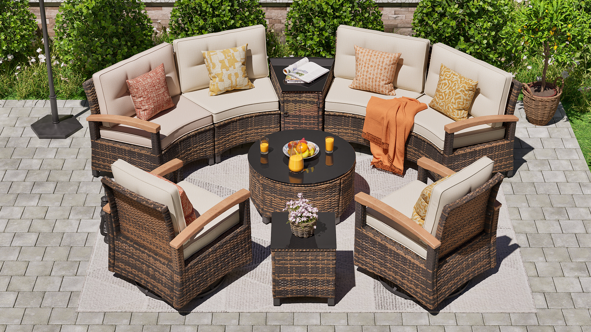 thumbnail video image 2 of MEISSALIVVE 9-Piece Outdoor Patio Furniture Set, Half-Moon Curved Rattan, 2 Wood Armrest Swivel Chairs, Round Coffee Table & Side Tables(Brown), 2 of 8