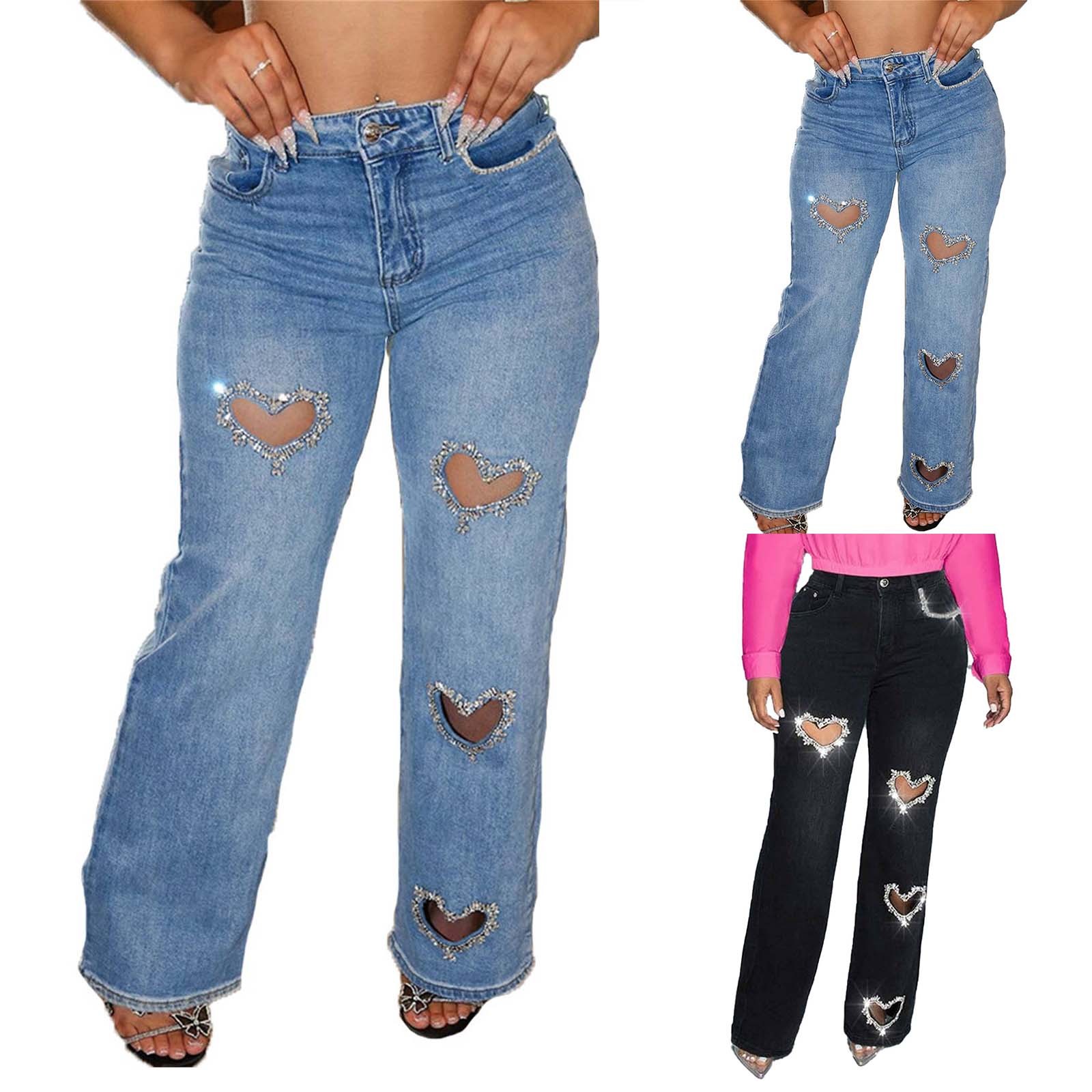thumbnail video image 2 of Delayuji Business Casual Pants for Women Heart Cutout Rhinestone Jeans for Women High Waist Straight Leg Baggy Denim Pants Xl Blue, 2 of 10