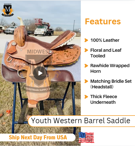thumbnail video image 2 of Resistance Kid Leather Horse Saddle for Barrel and Trail Riding with Free Tack Set, 2 of 7