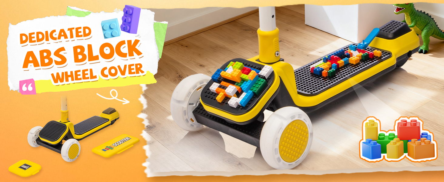 thumbnail video image 2 of Track Seven Kids Ride On 3-Wheel Scooter W/Buildable Blocks, PU Flashing Wheels, 5-Position Height Adjustable, Folding Kick Scooter for Kids Aged 3+, Yellow, 2 of 9