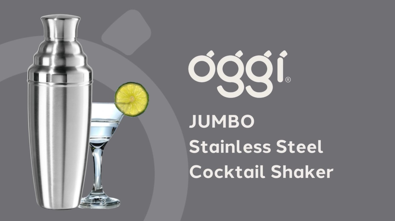 thumbnail video image 2 of Oggi Stainless Steel Jumbo Party Cocktail Shaker (1.75 lt, 60 oz), 2 of 10