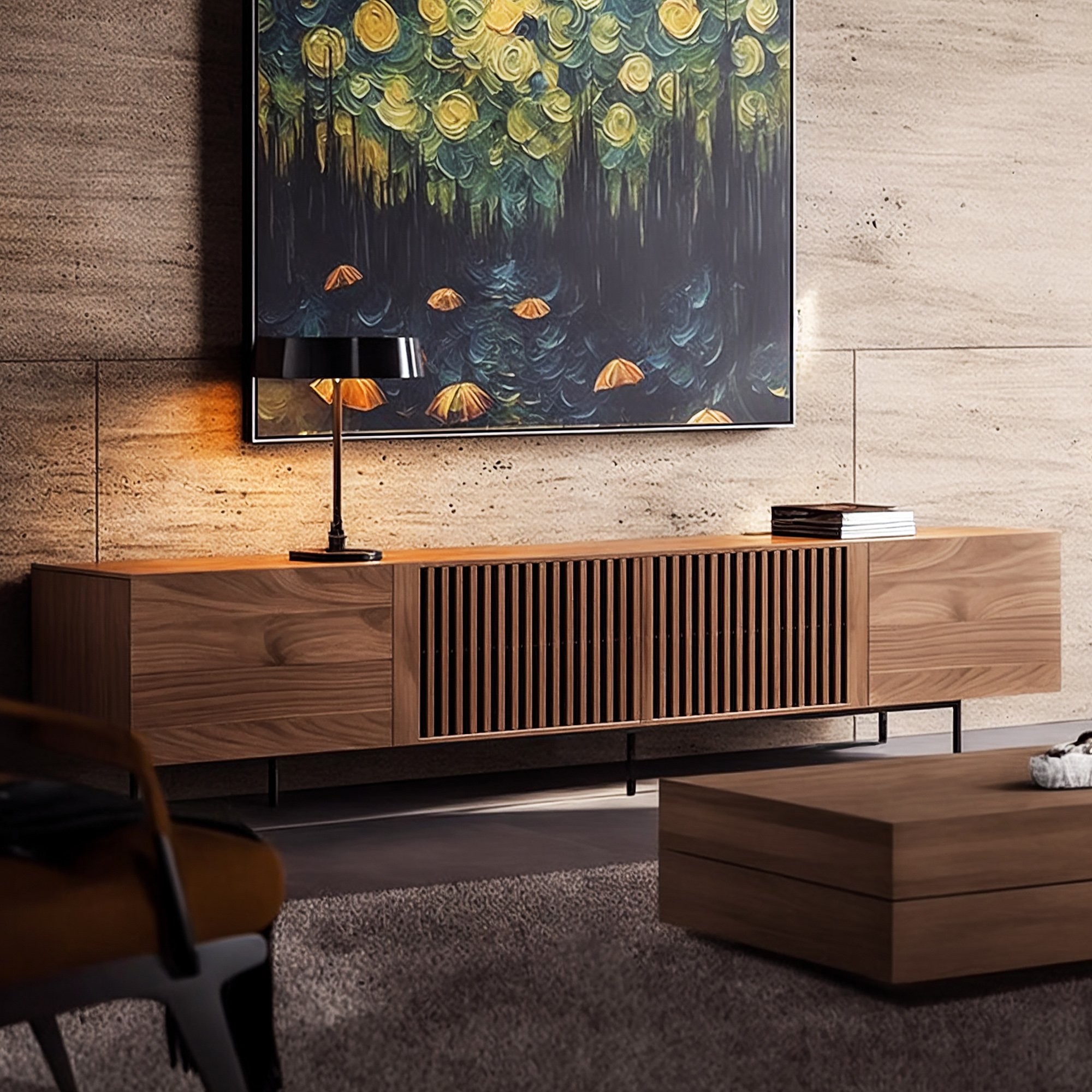 thumbnail video image 2 of NessCarsti 70.87-Inch TV Stand with 4 Doors & Storage - Mid-Century Modern Walnut Entertainment Center for TVs up to 70", Compatible with Walmart, 2 of 9