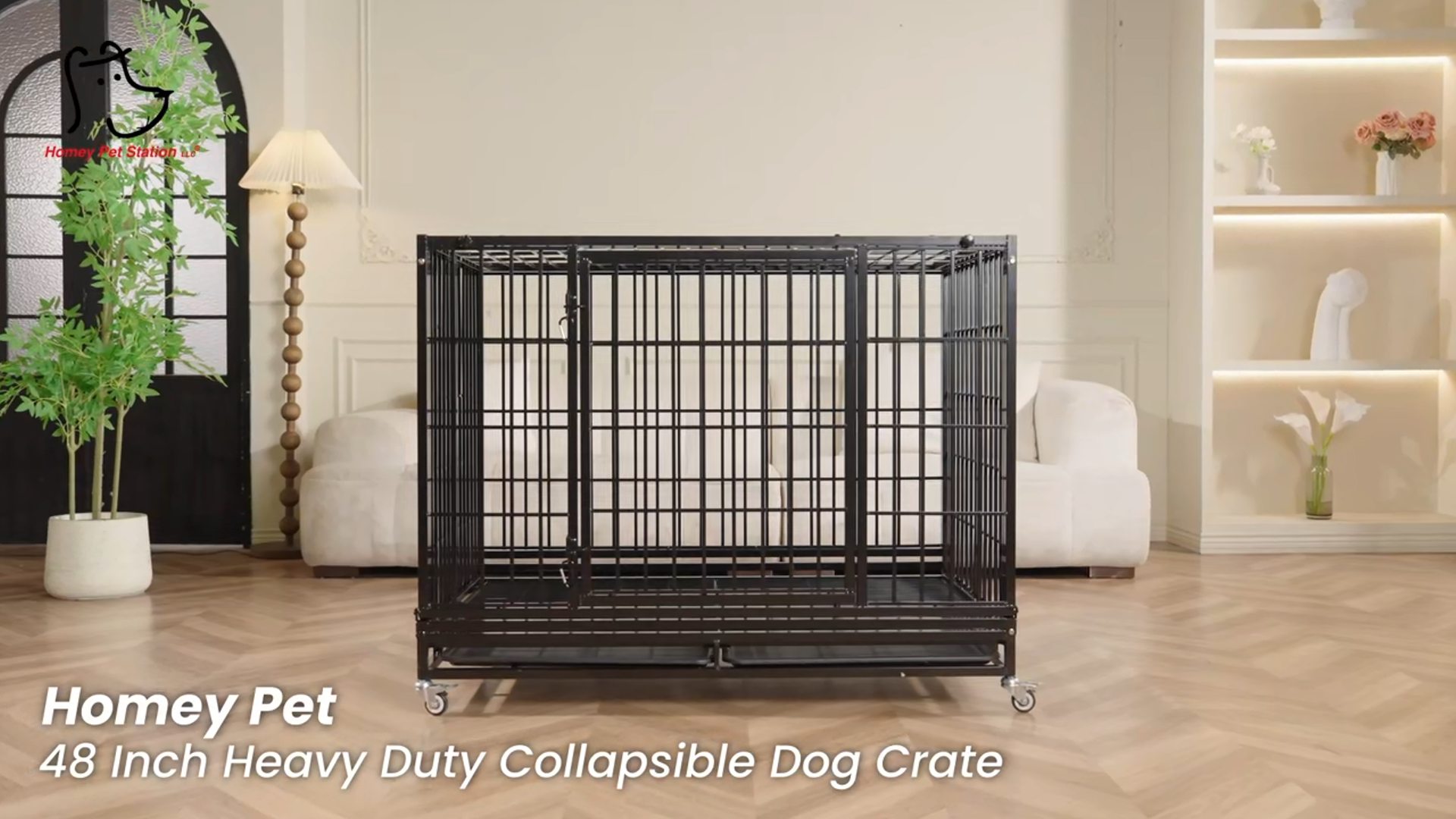 thumbnail video image 2 of Homey Pet 47 Inch Stackable Heavy Duty Dog Crate, Indestructible Escape Proof Cage for High Anxiety Large Dogs, XL Dog Kennel Indoor with Auto Locks,No-Noise Grid,Dual Trays,360° Wheels,Top Acces, 2 of 10