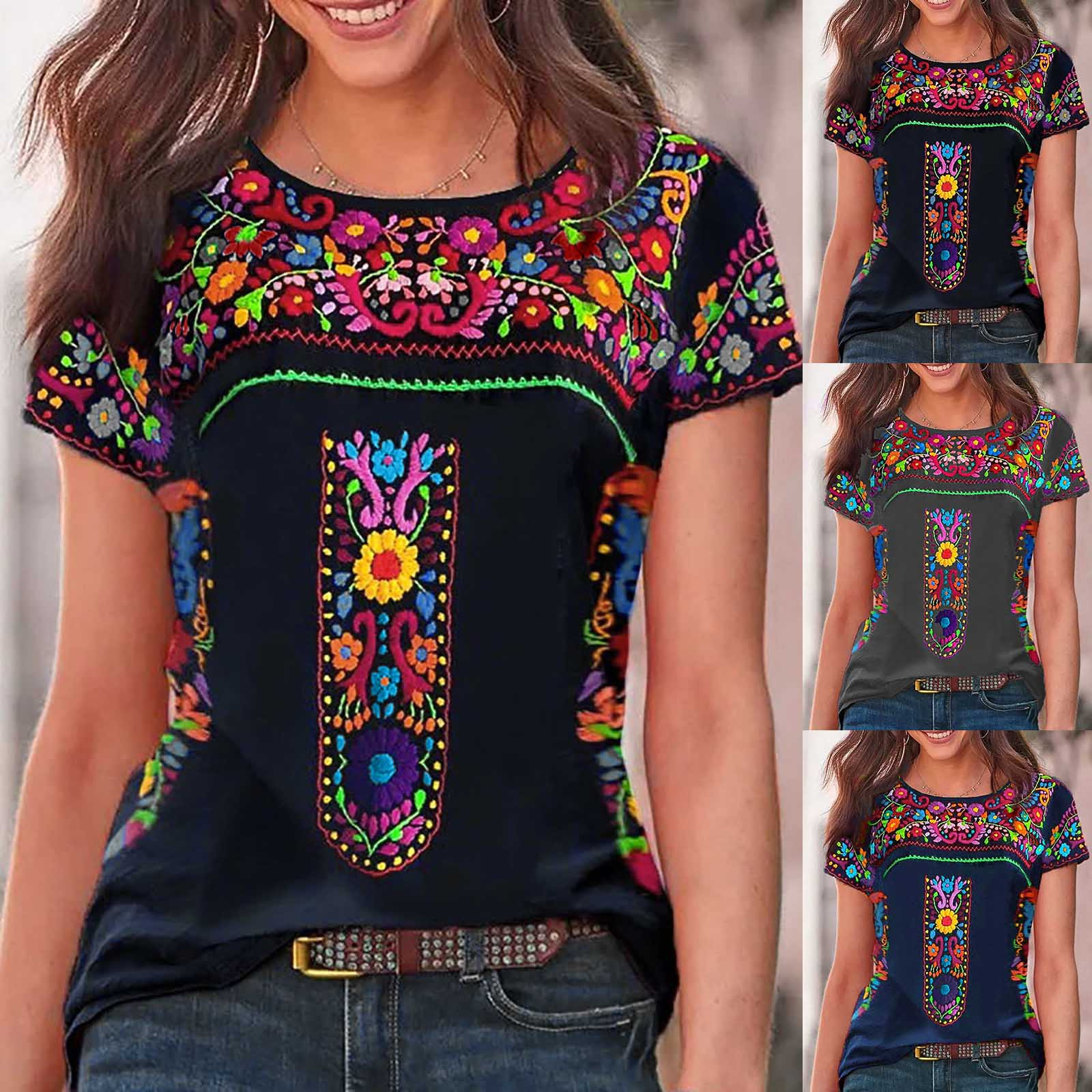 thumbnail video image 2 of WREESH Womens Summer Ethnic Style T-Shirts Fashion Causal Round Neck Printing Blouse Short Sleeve T-Shirt Summer Tops Gray, 2 of 6