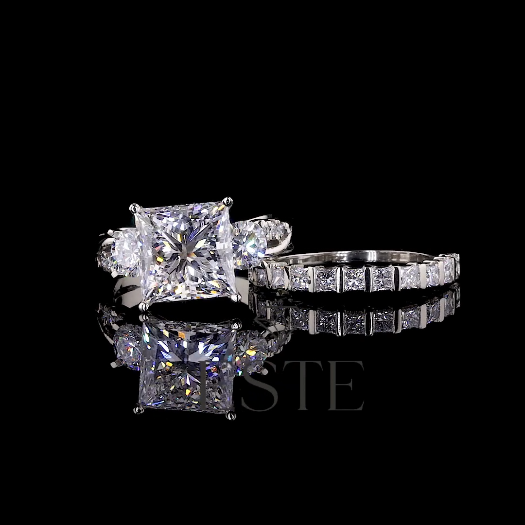 thumbnail video image 2 of ESTE ORIGIN 4Ct Princess Cut Three Stone Moissanite Engagement/Wedding/Bridal Ring Set with Twisted Vine Band & Channel Set Band in 14K White Gold for Her US 5.5, 2 of 12