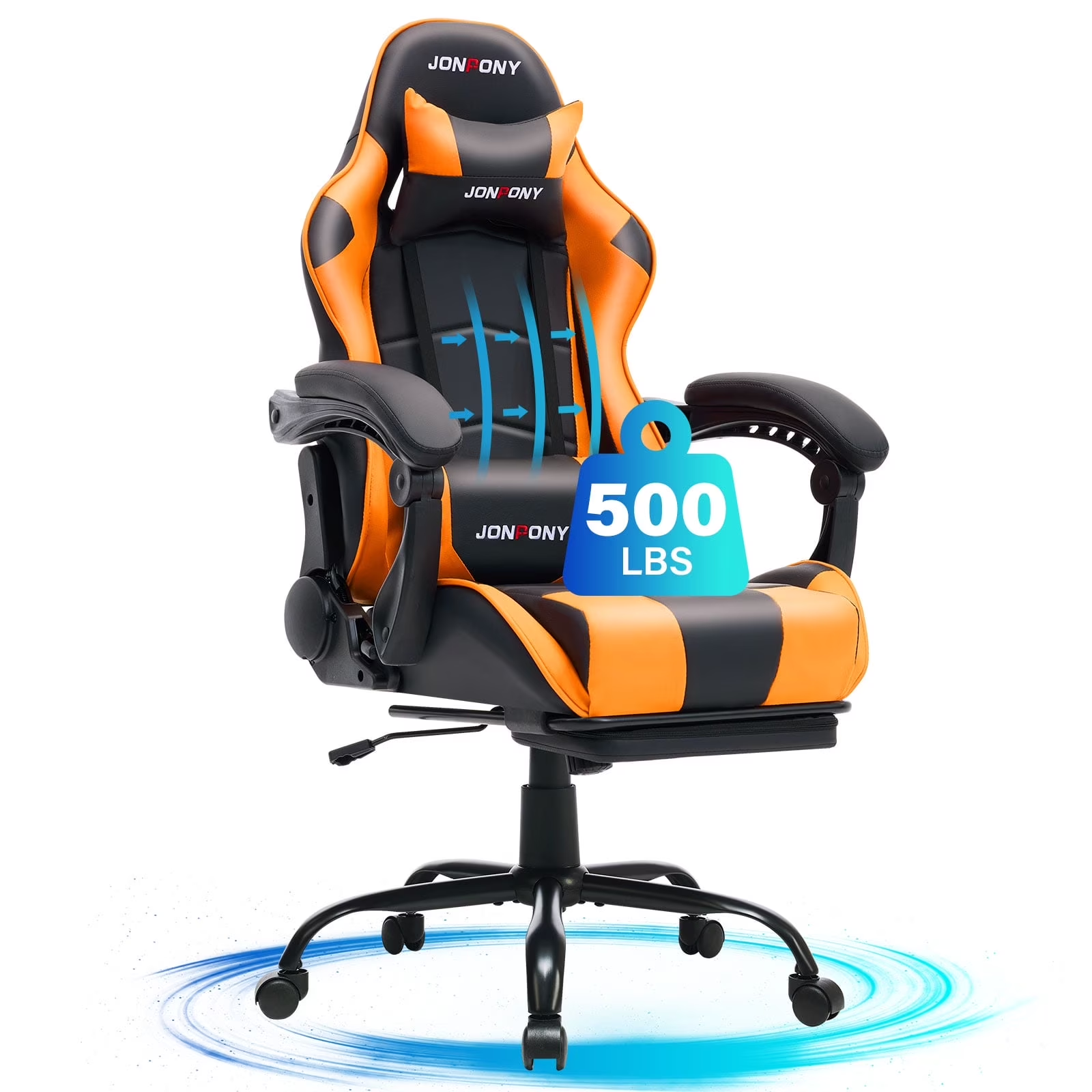 thumbnail video image 2 of JONPONY Big and Tall 500LBS Gaming Chair, Ergonomic Design, Gamer Chair PU Leather with Footrest and Lumbar Support, High Back Office Chair Support, Long Sitting Computer Chair, Orange, 2 of 9