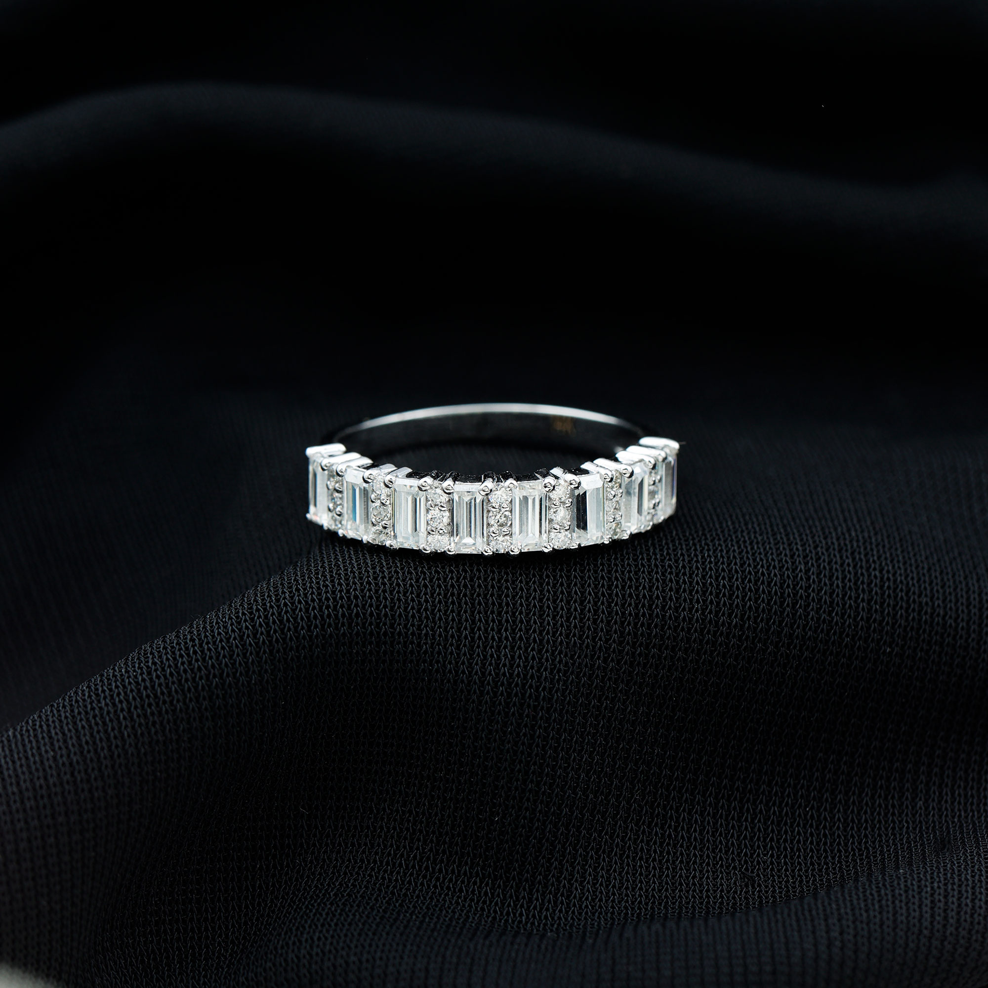 thumbnail video image 2 of Rosec Jewels Certified Moissanite Half Eternity Ring for Women - Round and Baguette Moissanite Ring - D-VS1 Grade - Ready to Gift, 14K Yellow Gold, US 12.00, 2 of 7