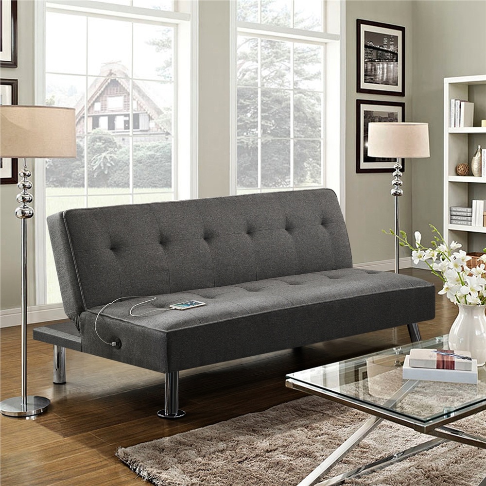 thumbnail video image 3 of Alden Design 66" Modern Fabric Convertible Futon Sofa Bed with USB, Charcoal, 3 of 16
