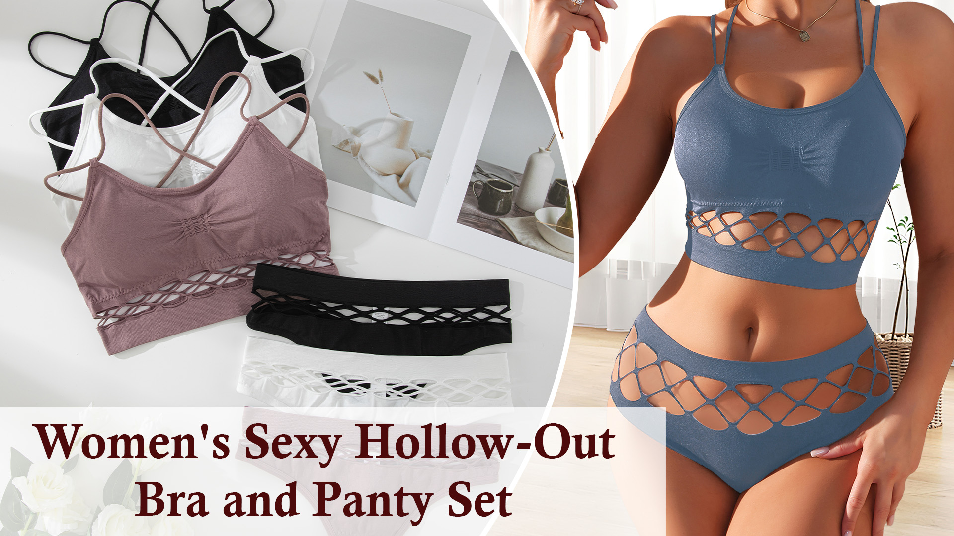 thumbnail video image 2 of Aivtalk Womens Bra and Panty Sets Matching Underwear and Bralette Back-Bearing Fishnet Cut Out Cross Spaghetti Strap Breathable Everyday Tshirt Bras 2 Pieces Rouge M, 2 of 6