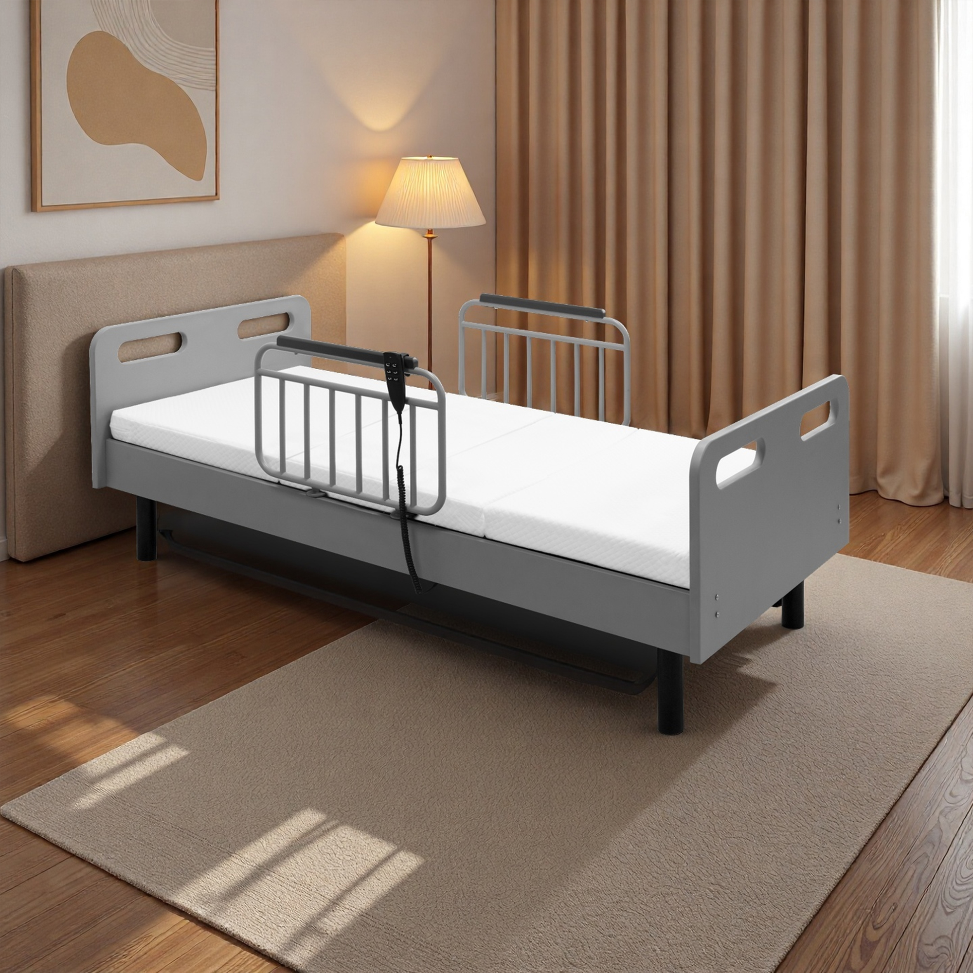 thumbnail video image 2 of Montary Electric Adjustable Hospital Bed w/ Remote, Memory Foam Folding Mattress & Safety Rails for Home Use, 2 of 11