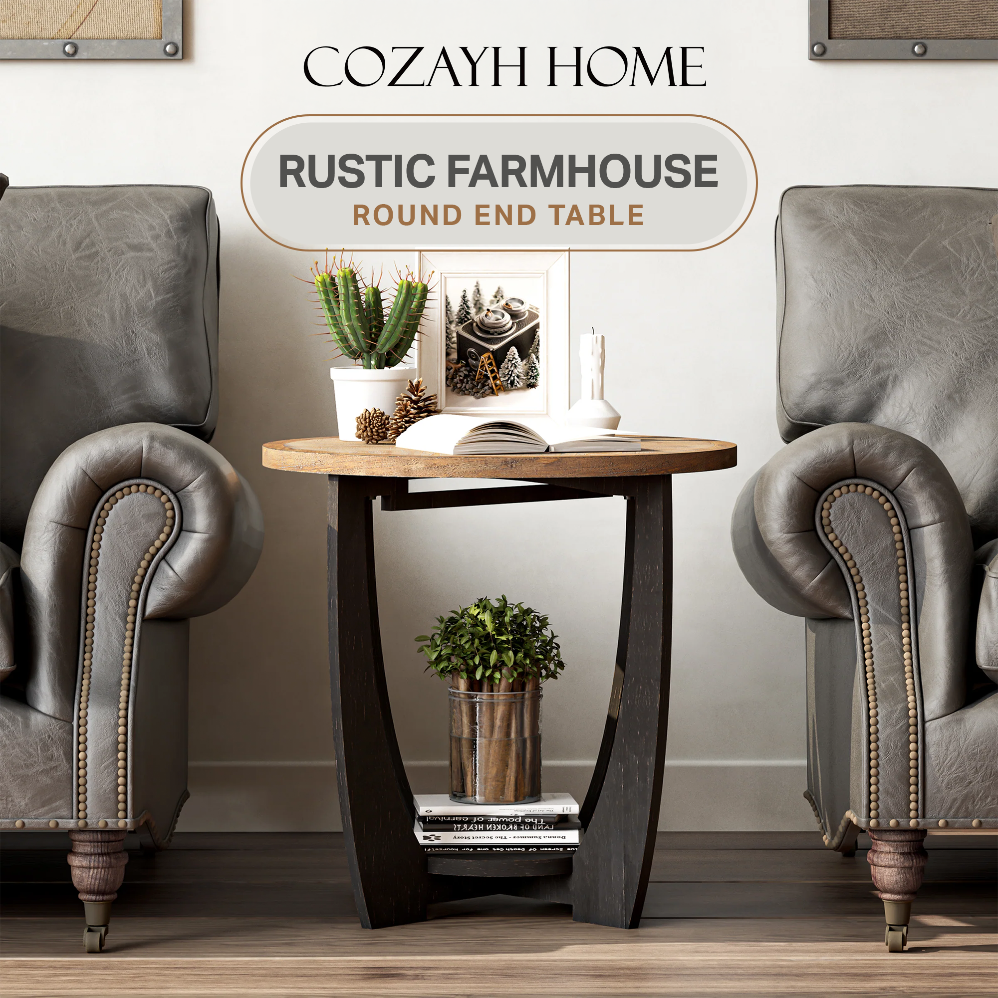 thumbnail video image 2 of COZAYH Rustic Farmhouse End Table with Storage Shelf, French Country Accent Side Table for Family, Dinning or Living Room, Small Spaces, Modern, Round, 2 of 7