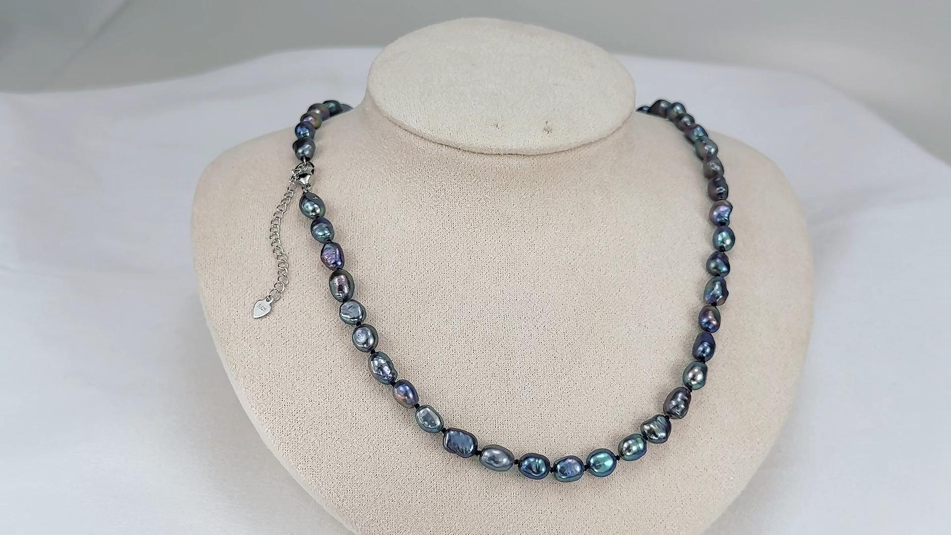thumbnail video image 2 of Bamiki 6‑7 mm Black Saltwater Cultured & Baroque Pearl Necklace, 18 + 2 in, S925 Sterling Silver Clasp Gift for Her, 2 of 8