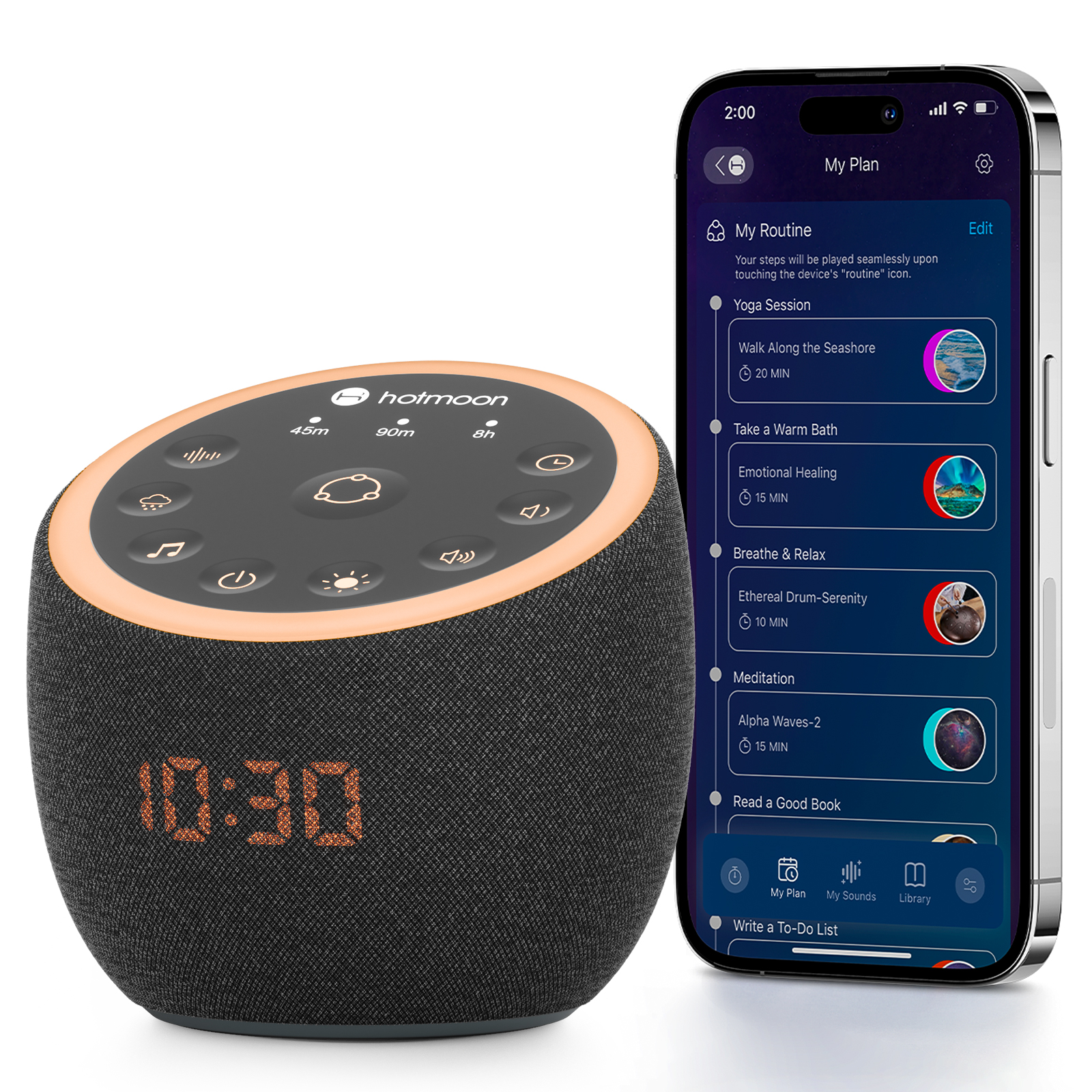 thumbnail video image 2 of Hotmoon Cocoon Pro 2 Smart White Noise Sound Machine, Alarm Clock for Bedroom, 388 Soothing Sounds, Sleep Trainer, Routine Builder, App Control, Adults Mindfulness Meditation, 2 of 10