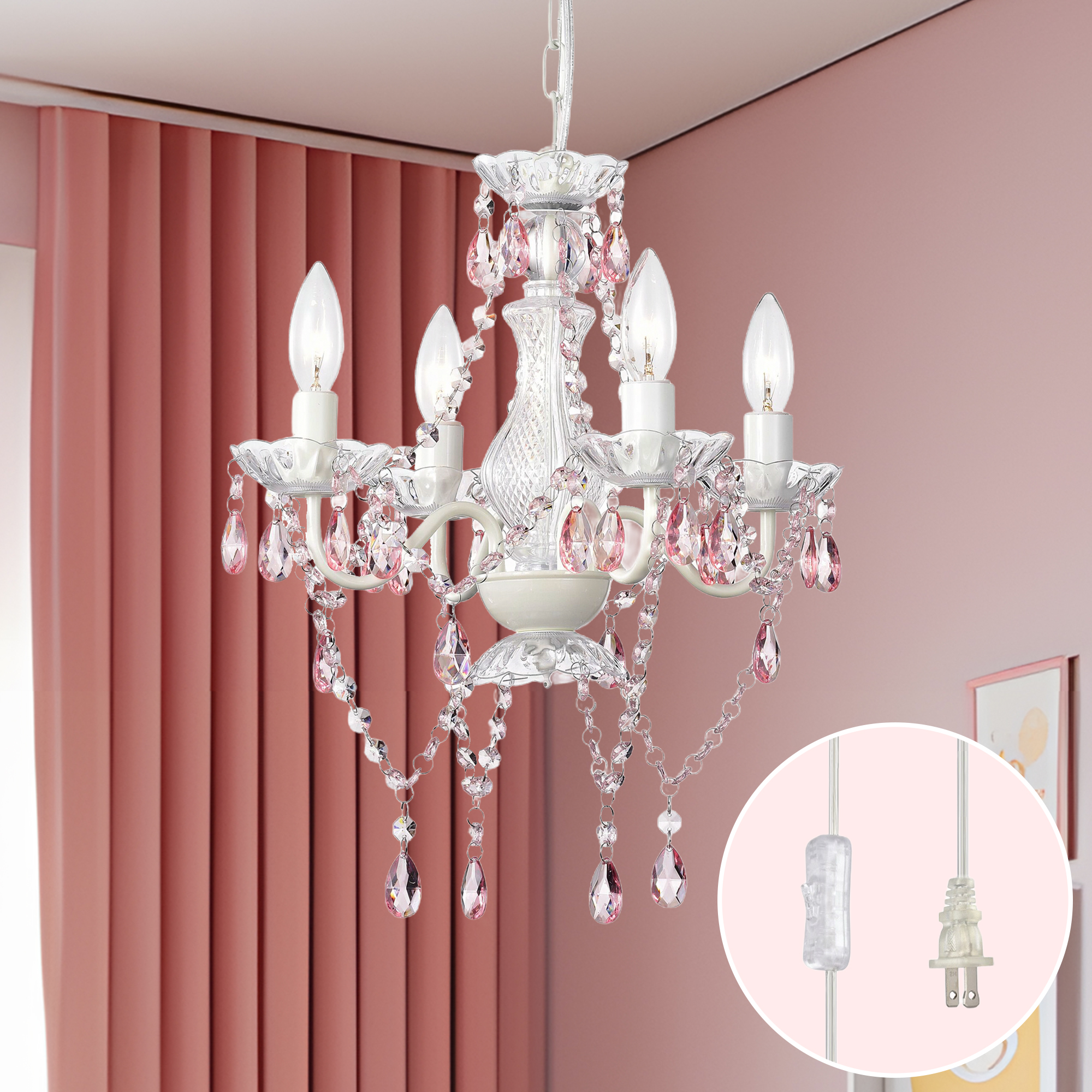 thumbnail video image 2 of White and Pink Plug-in Crystal Chandelier – Elegant 5-Light Acrylic Ceiling Light Fixture with Long Cord for Bedroom, Nursery or Small Spaces, 2 of 12