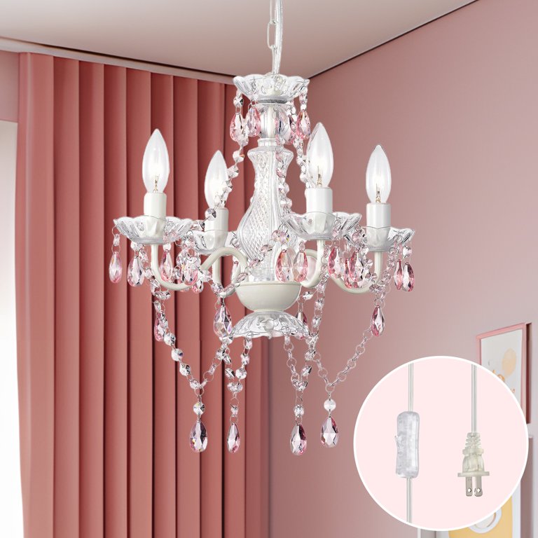 LaLuLa Pink Crystal Chandelier, 4-Light Pendant Hanging Ceiling