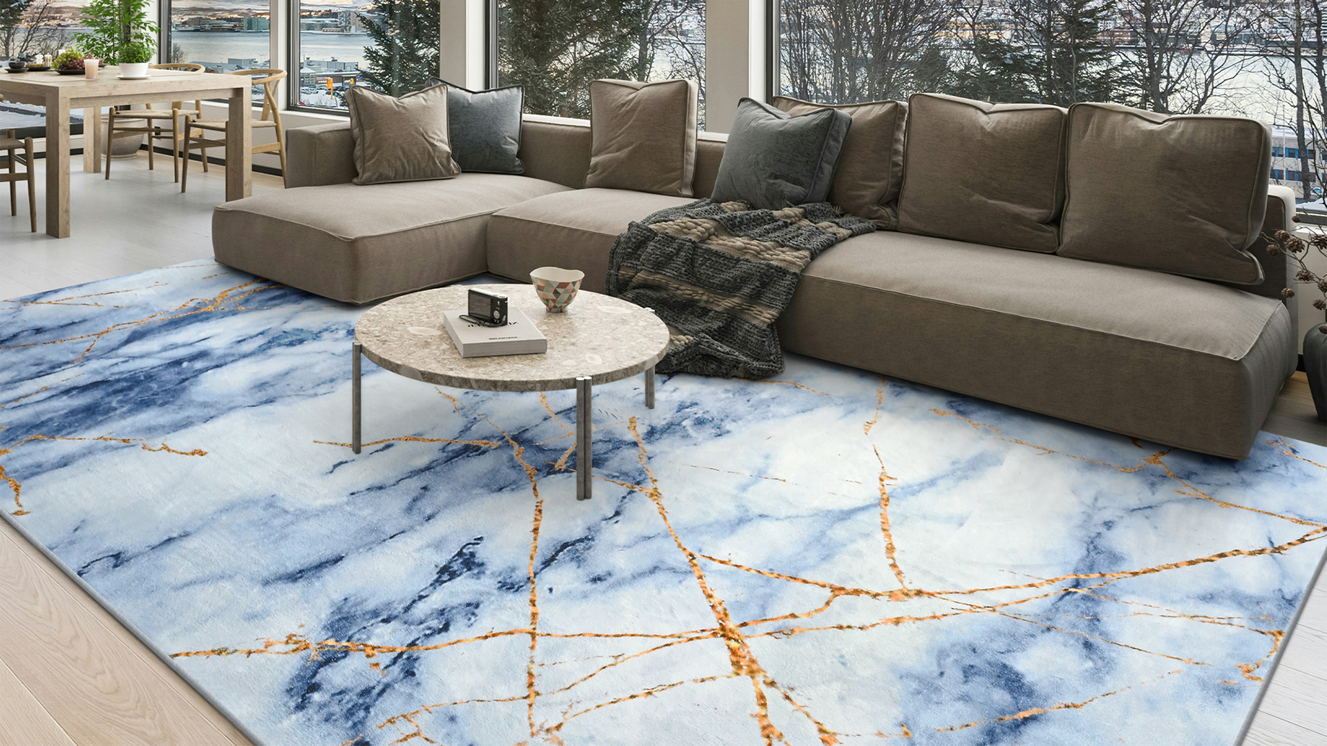 thumbnail video image 2 of Cydiria Modern Abstract Marble Faux Wool Area Rug, 5' x 7', Blue, 2 of 9