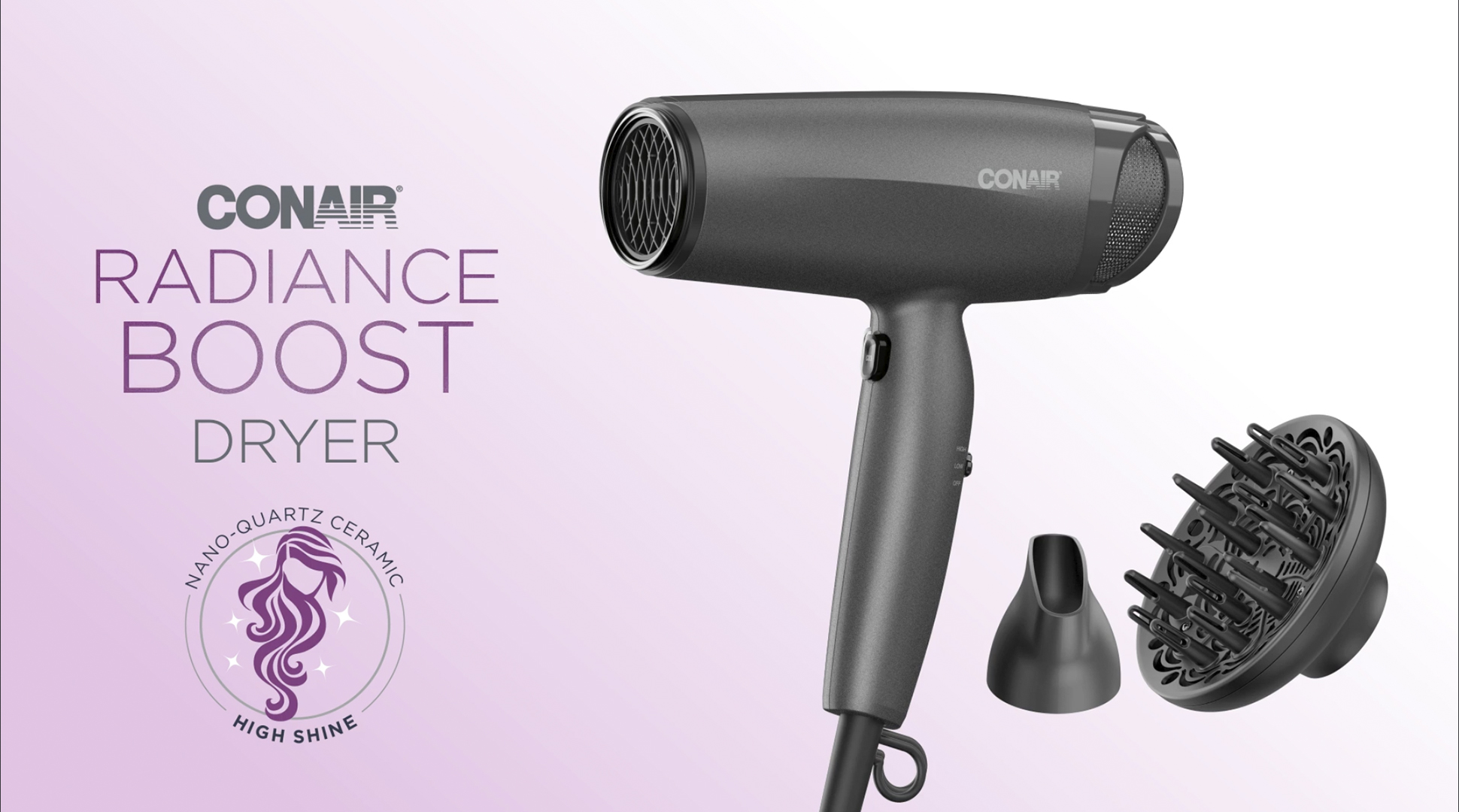 thumbnail video image 2 of Conair Radiance Boost Hair Dryer with Nano-Quartz Technology, Diffuser & Concentrator, 2 of 10