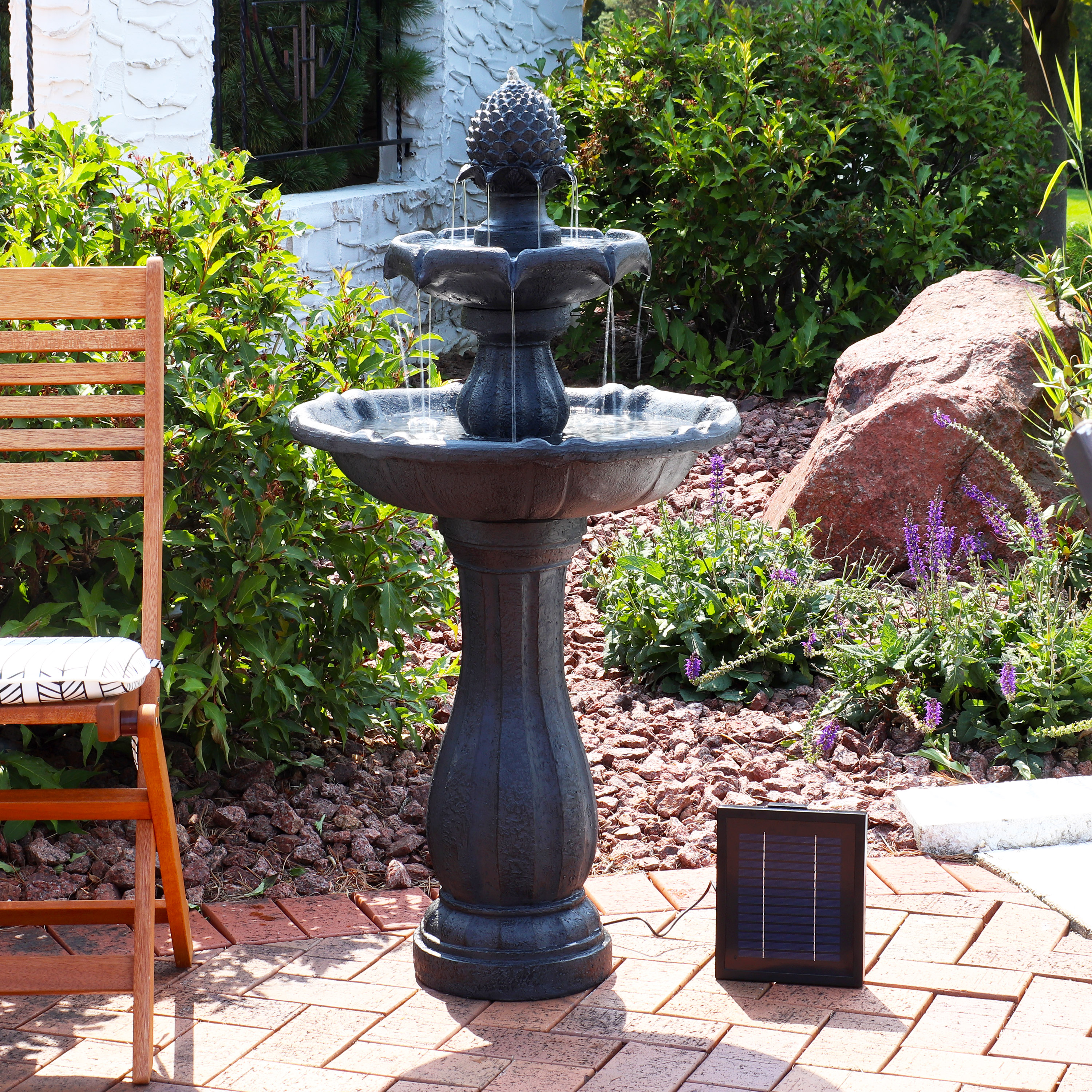 thumbnail video image 2 of Sunnydaze Pineapple Traditional Earth 2-Tier Solar Fountain with Battery, 2 of 15