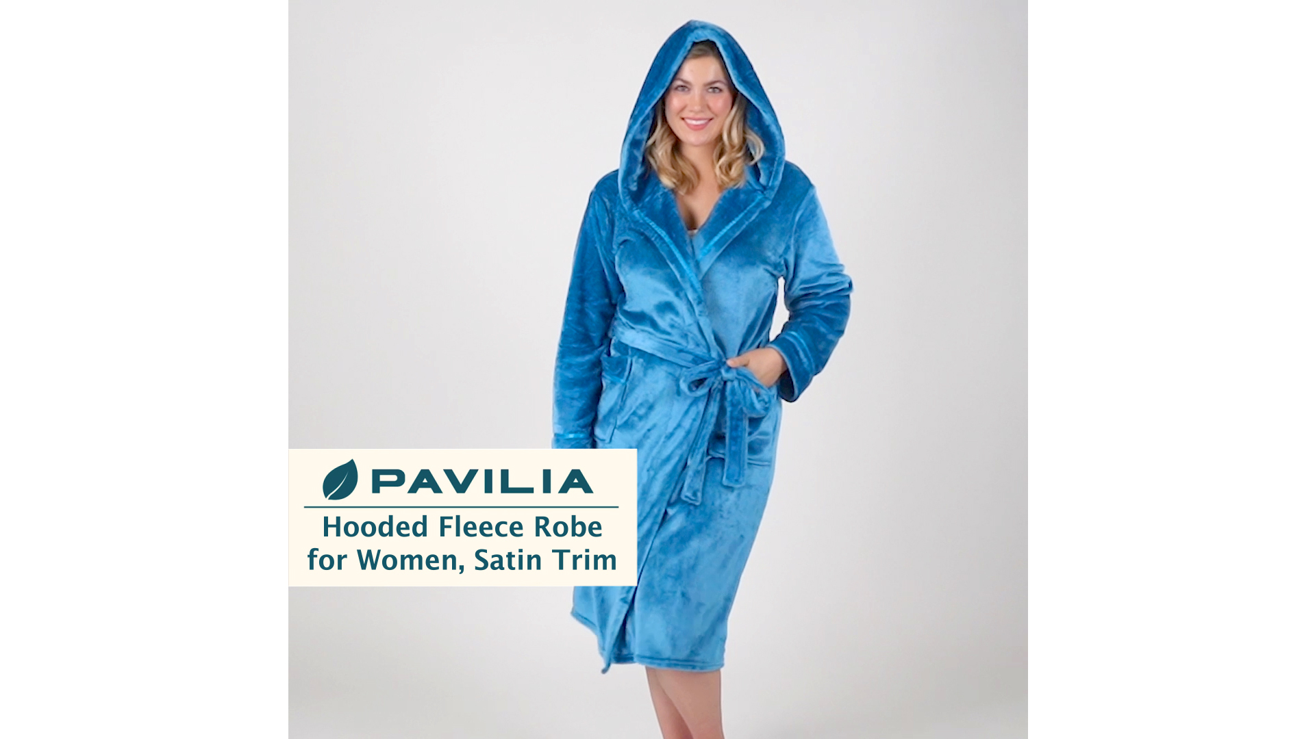 thumbnail video image 2 of PAVILIA Plush Hooded Robe For Women | Turquoise Teal Blue, Fluffy Soft Bathrobe With Hood | Fuzzy Warm Spa Robe, Cozy Fleece Long Robe | Satin Trim, Large-X-Large, 2 of 10