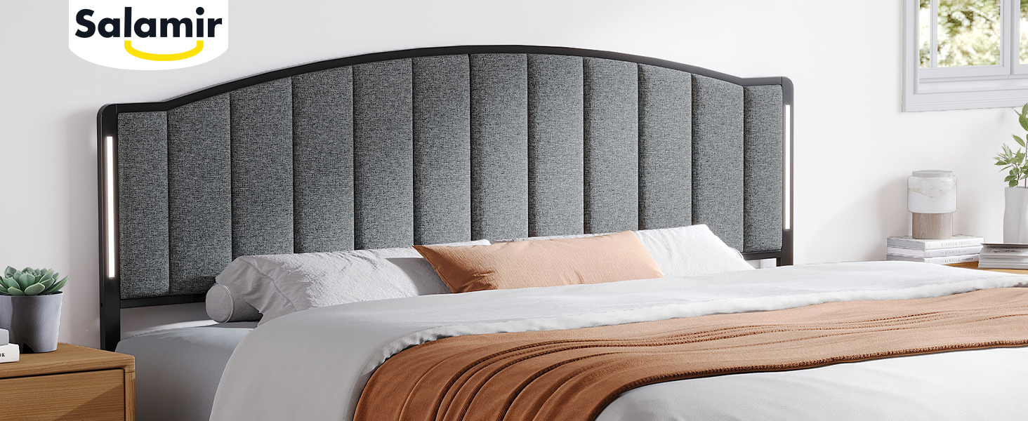 thumbnail video image 2 of Vefurn King Upholstered Headboard with LED Lights, Vertical Channel Tufting, Adjustable, Grey, 2 of 10