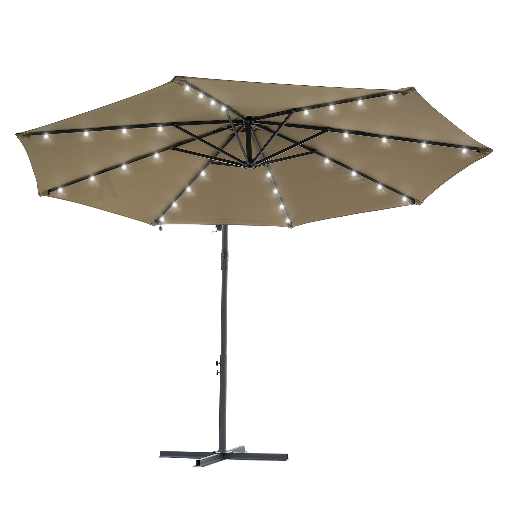 thumbnail video image 2 of ACEGOSES 10ft 32 LED Outdoor Patio offset Umbrella, Solar Lighted Hanging Umbrella with 8 Ribs for Desk,Garden,Yard,Taupe, 2 of 10