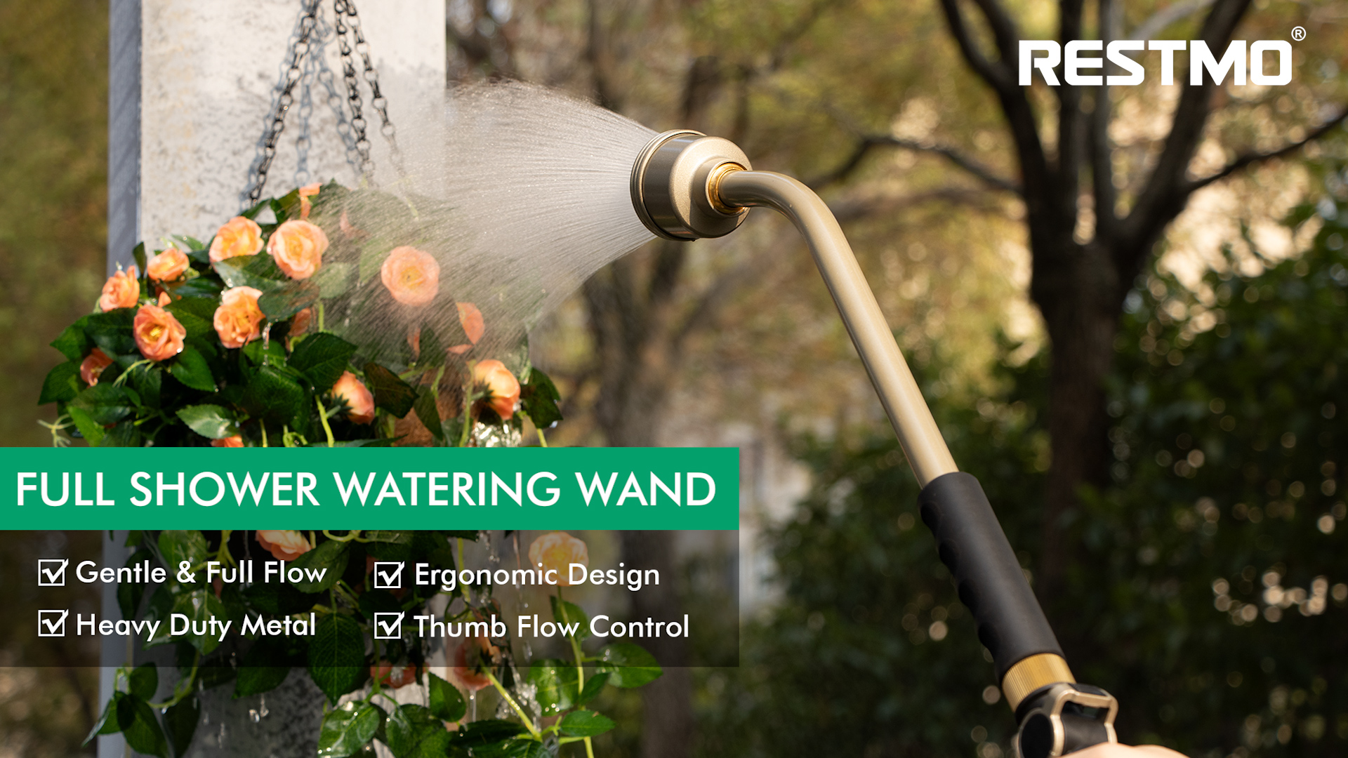 thumbnail video image 2 of Restmo Watering Wand Heavy Duty, 24-Inch Long Hose Nozzle Sprayer with Stainless Head, Thumb Flow Control | On/Off Valve, Metal Hose Wand, 2 of 8