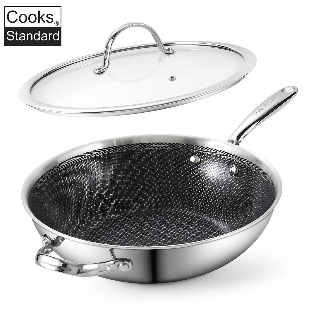 thumbnail video image 2 of Cooks Standard 12-Inch Hybrid Nonstick Wok with Tempered Glass Lid, Multi-Ply Clad Stainless Steel Flat Bottom Wok Stit Fry Pan, Oven Safe, Induction Ready, Compatible with All Stovetops, 2 of 8