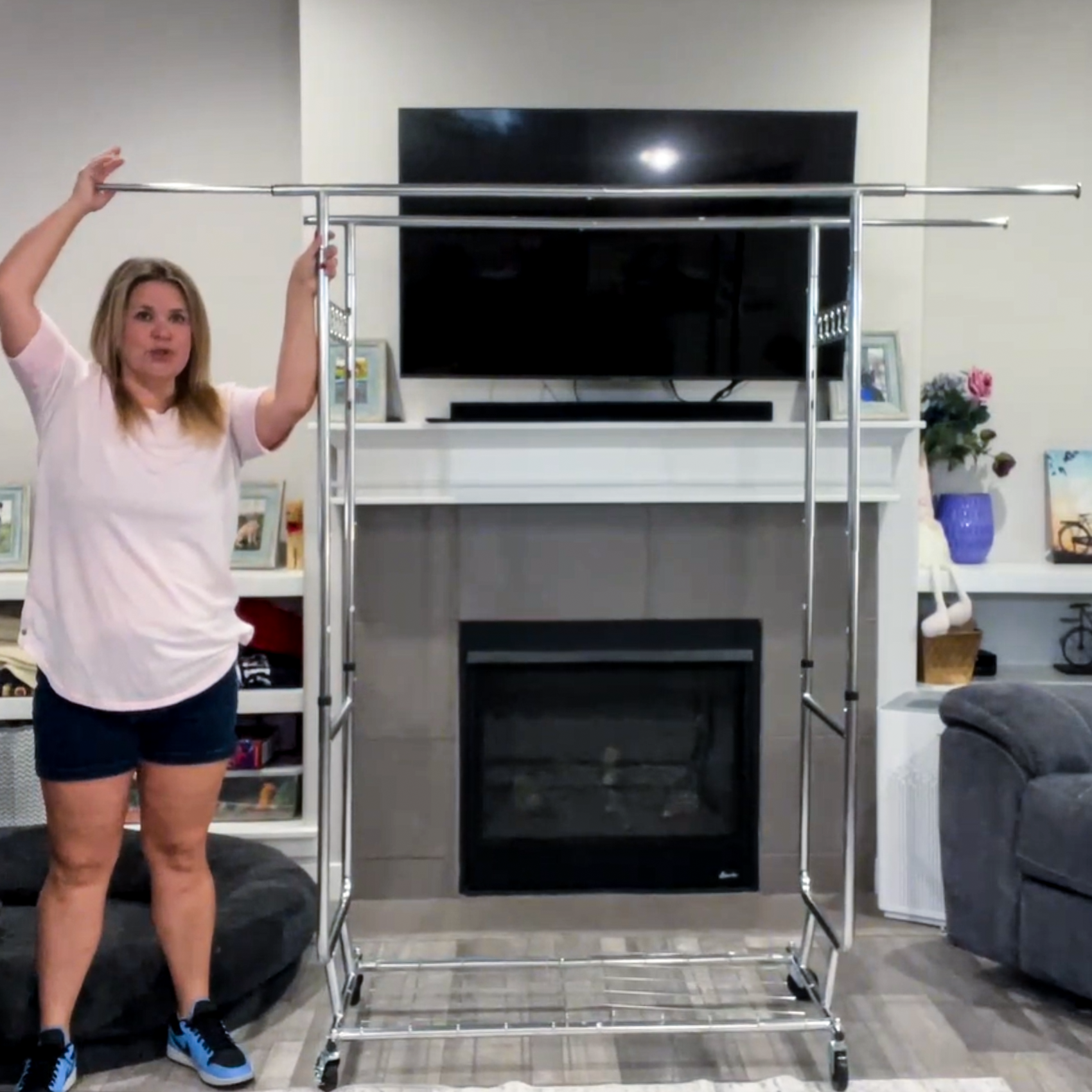 thumbnail video image 2 of JOZ 600 lbs Commercial Grade Heavy Duty Garment Rack with Shelves Collapsible Clothing Racks on Wheels Rolling Clothes Rack for Hanging Clothes Portable Adjustable, Chrome Finish, 2 of 9