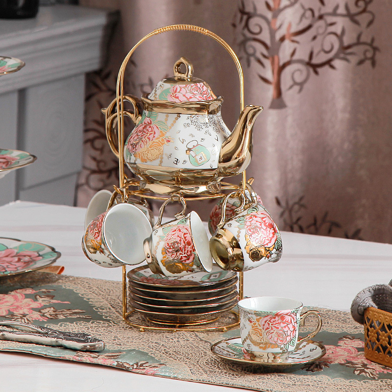 thumbnail video image 2 of LUOLUO 20 Pieces Tea Set Coffee Set with Metal Rack, European Coffee Cups for Adults with Spoon & Saucer, 6 People, Gold, 2 of 11
