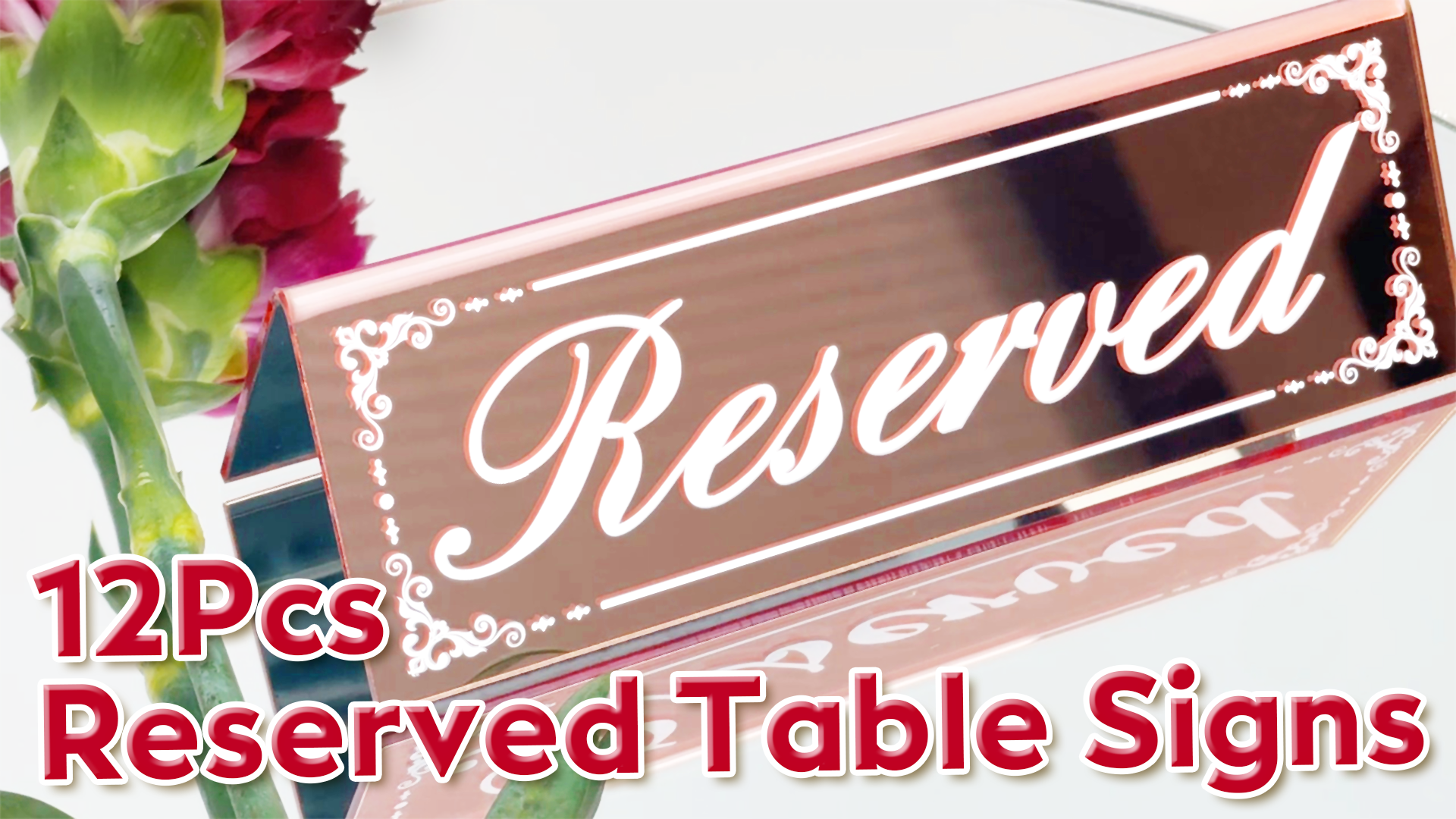 thumbnail video image 2 of Framokoko 12 Pcs Mirrored Reserved Table Signs, Double Sided Table Tent Signs with Suede Cloth, Reservation Seat Indicators for Wedding Restaurant Ceremony Party Banquet  (Rose Gold  6"x2"), 2 of 7