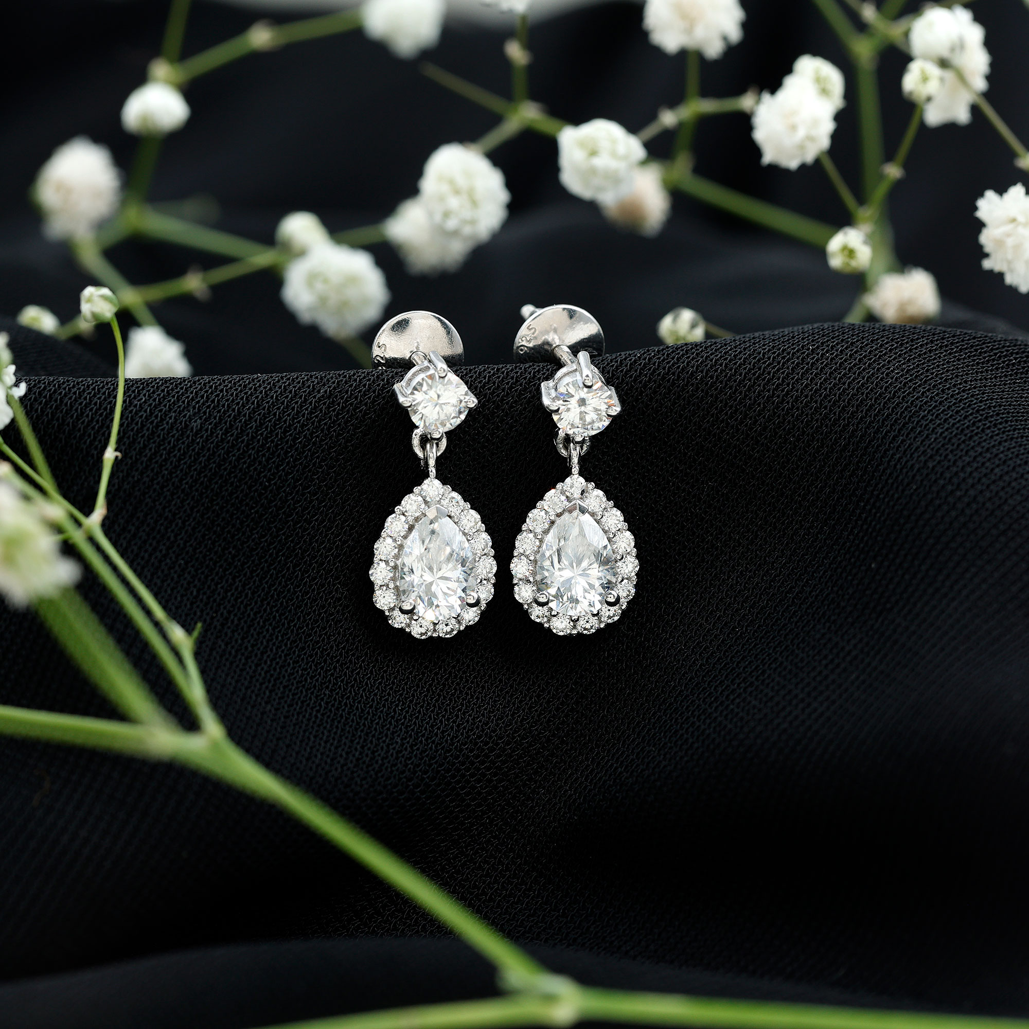thumbnail video image 2 of Certified Moissanite Teardrop Earrings, Bridal Dangle Earrings - D-VS1 Grade, 925 Sterling Silver, 2 of 8