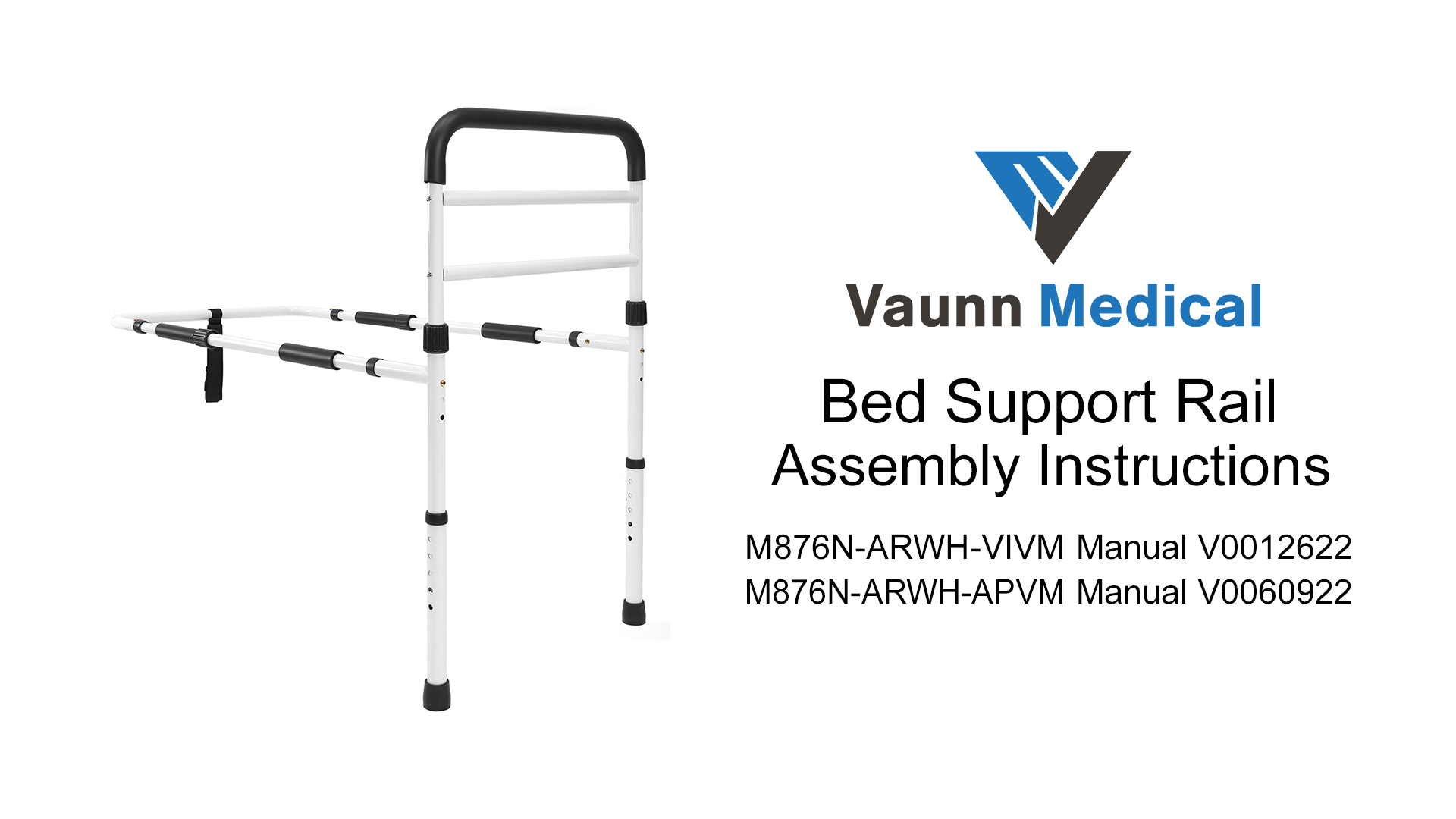thumbnail video image 2 of Vaunn Medical New Adjustable Bed Assist Rail Handle (Passed ASTM F3186–17 Safety Standard) and Hand Guard Grab Bar, Bedside Safety and Stability (Tool-Free Assembly), White/Black, 2 of 8