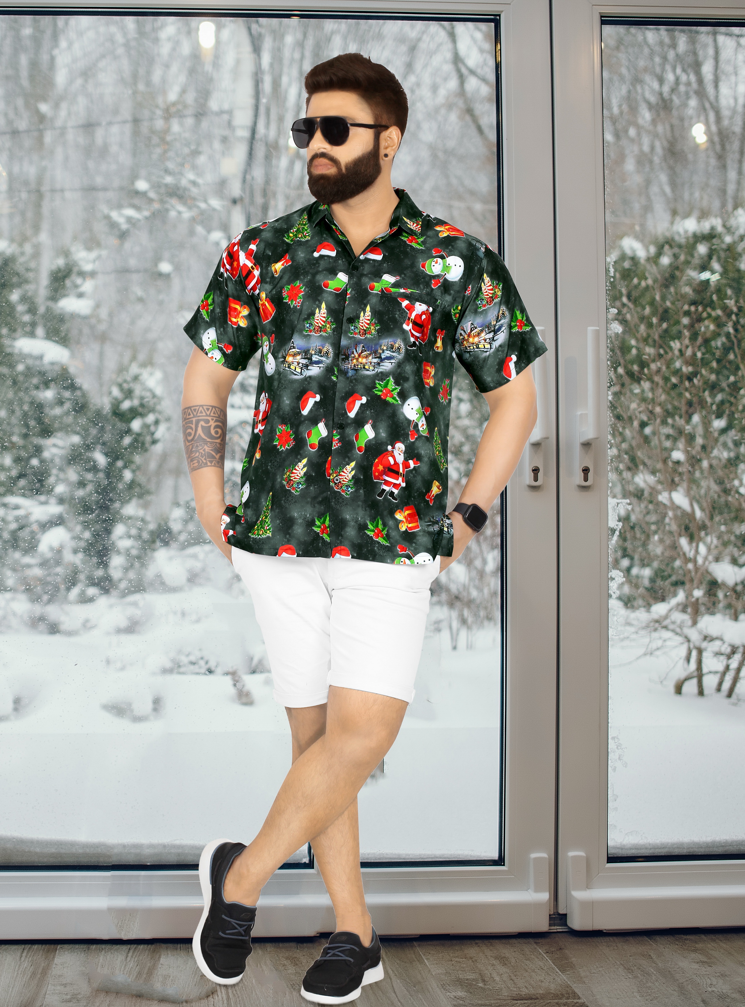 thumbnail video image 2 of HAPPY BAY Men's Beach Button Down Funky Santa Claus Party Dress Shirt Vacation Hawaiian Christmas Tree Gifts Shirts for Men 3XL Xmas Tree Gifts, Black, 2 of 7