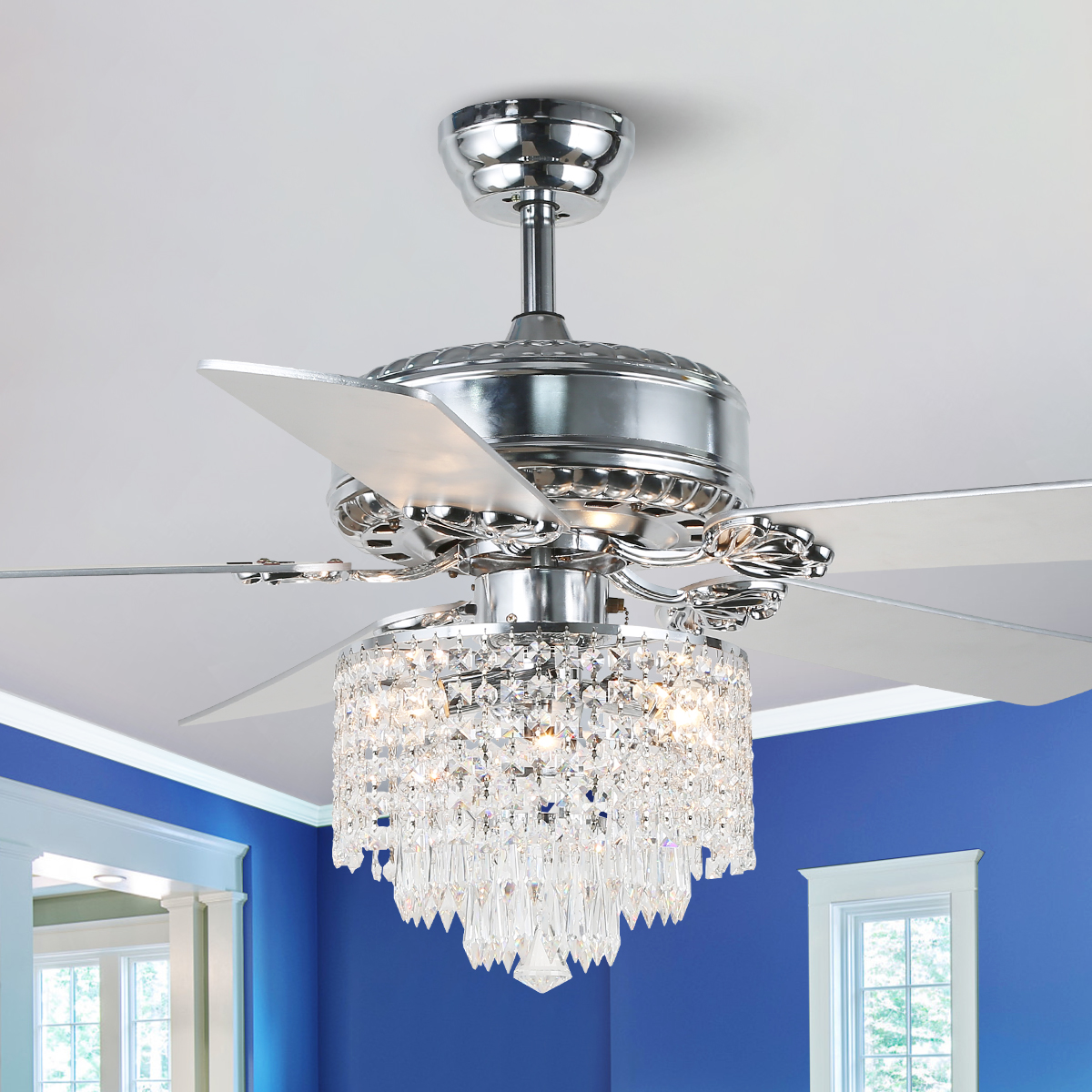 thumbnail video image 2 of 52" Modern Silver Crystal Ceiling Fan with Light and Remote Control, 6-Speed Reversible DC Motor, 2 of 13