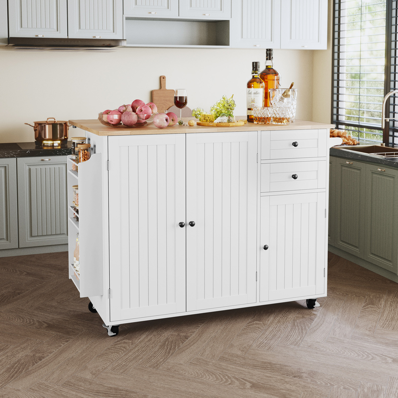 thumbnail video image 2 of CBJCBJ 50.4" Kitchen Island with Storage, Wood Top Cart with Drop Leaf and Wheels, White, 2 of 11