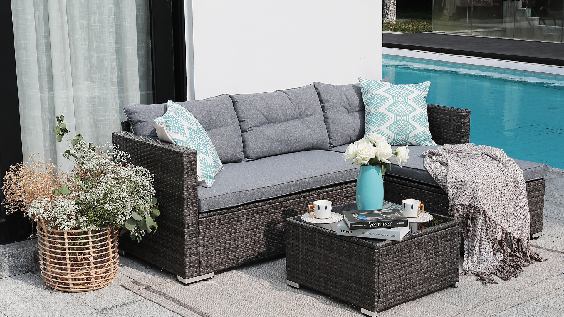 thumbnail video image 2 of JOIVI 3 Pieces Patio Conversation Set, PE Wicker Rattan Outdoor Furniture Set, 2 Ways Small Sectional Sofa, Tempered Glass Coffee Table, Silver-Gray, 2 of 13