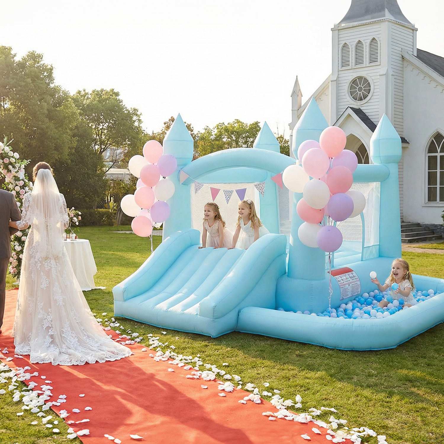 thumbnail video image 2 of Toiyjofe Blue Bounce House with Slide & Ball Pit, 10 x 10 ft Kids Inflatable Bouncer, Wedding Party Jump Castle for Indoor Outdoor Backyard Play, 2 of 11