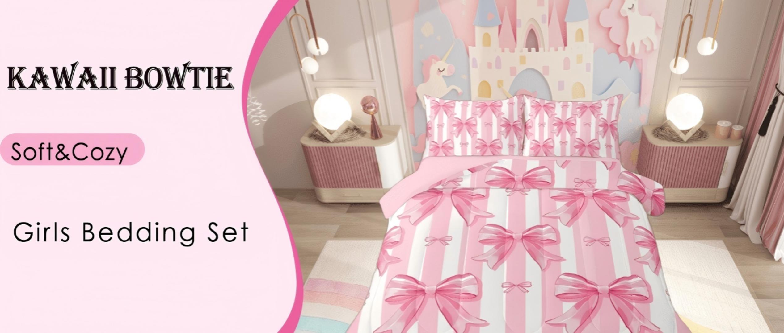 thumbnail video image 2 of Manfei Kawaii Bow Bedding Comforter Set,Girls Bow Knot Twin Comforter Sets,Pink White Stripes Bedding Set,Breathable Bedroom Decorative Reversible,2-Piece, 2 of 9