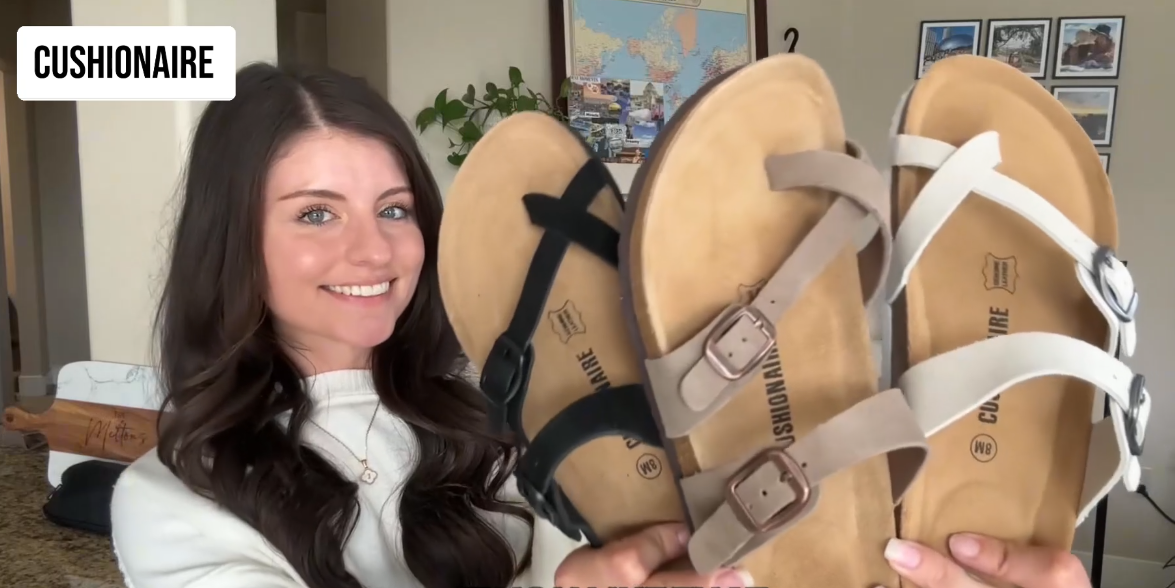 thumbnail video image 2 of Cushionaire Lucky 100% Genuine Leather Suede Womens Sandals, Comfortable Cork Footbed Slides for Women with Adjustable Buckles, 2 of 22