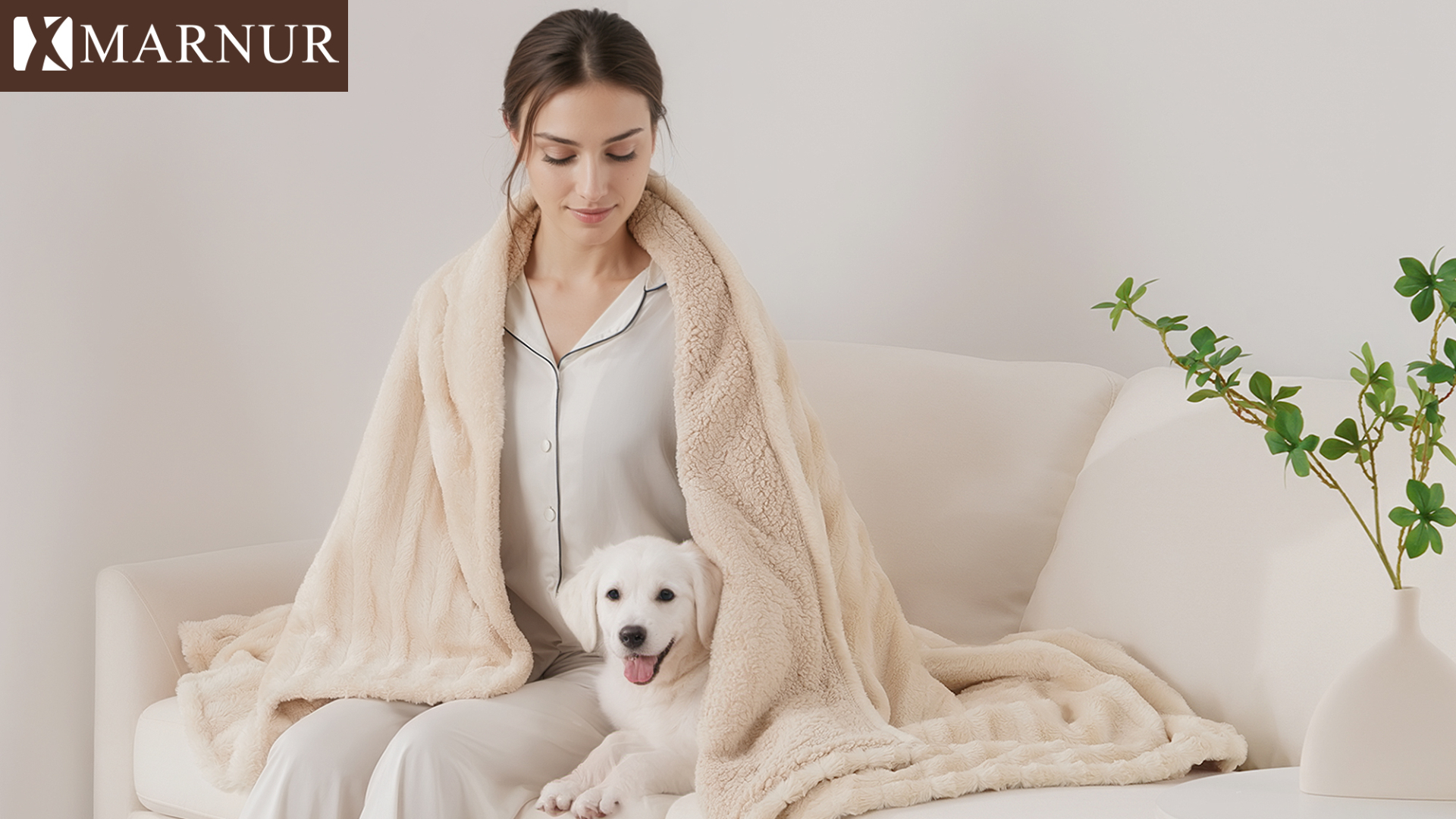 thumbnail video image 2 of MARNUR Electric Throw Blanket Extra Large Size, 50" x 72" Soft Faux Fur Heated Blanket, 6 Heating Levels, 4 Hours Timer - Beige, 2 of 11