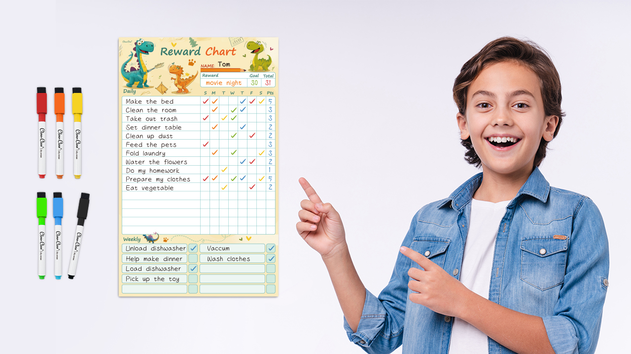 thumbnail video image 2 of Clever Clean Dry Erase Chore Chart Whiteboard with 6 Markers, Reusable Reward Chart Dinosaur, 2 of 7