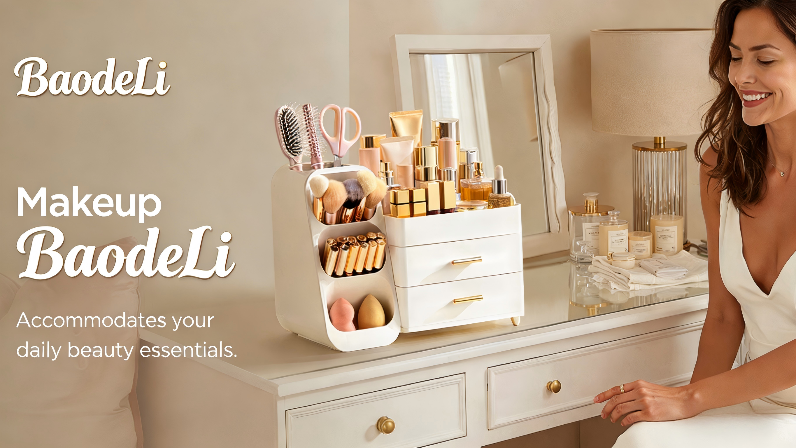 thumbnail video image 2 of BAODELI  Makeup Organizer with Brush Holder for Vanity, Large Plastic Bathroom Countertop Organizer Skin Care Storage, Easy to Store Lipsticks, Nail Polishes, Perfumes, Eyeshadow Palettes, All White, 2 of 8